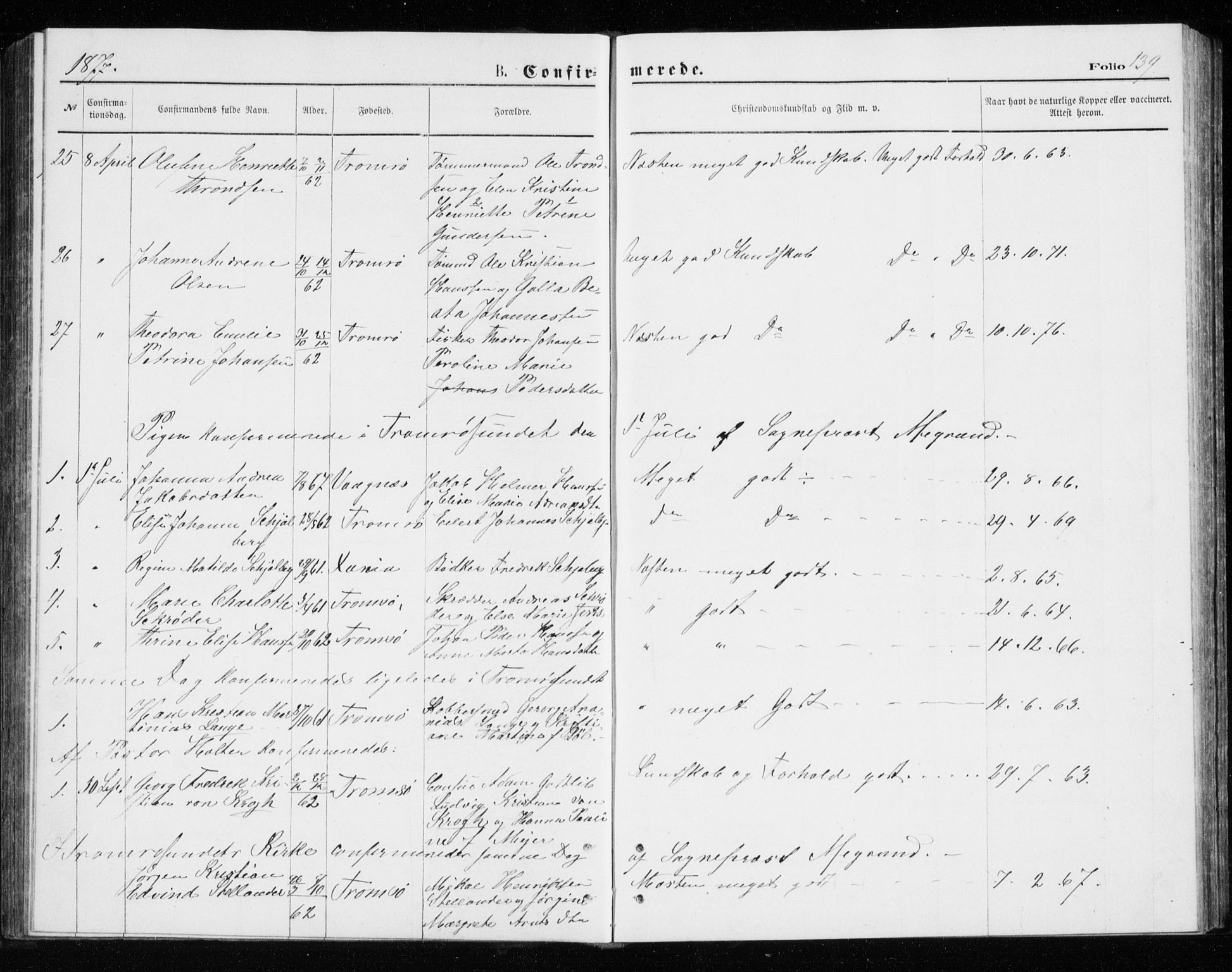 Tromsø sokneprestkontor/stiftsprosti/domprosti, AV/SATØ-S-1343/G/Gb/L0008klokker: Parish register (copy) no. 8, 1875-1879, p. 139