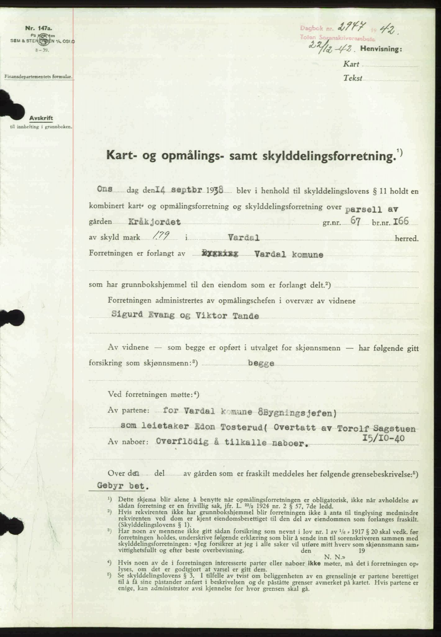Toten tingrett, AV/SAH-TING-006/H/Hb/Hbc/L0010: Mortgage book no. Hbc-10, 1942-1943, Diary no: : 2947/1942