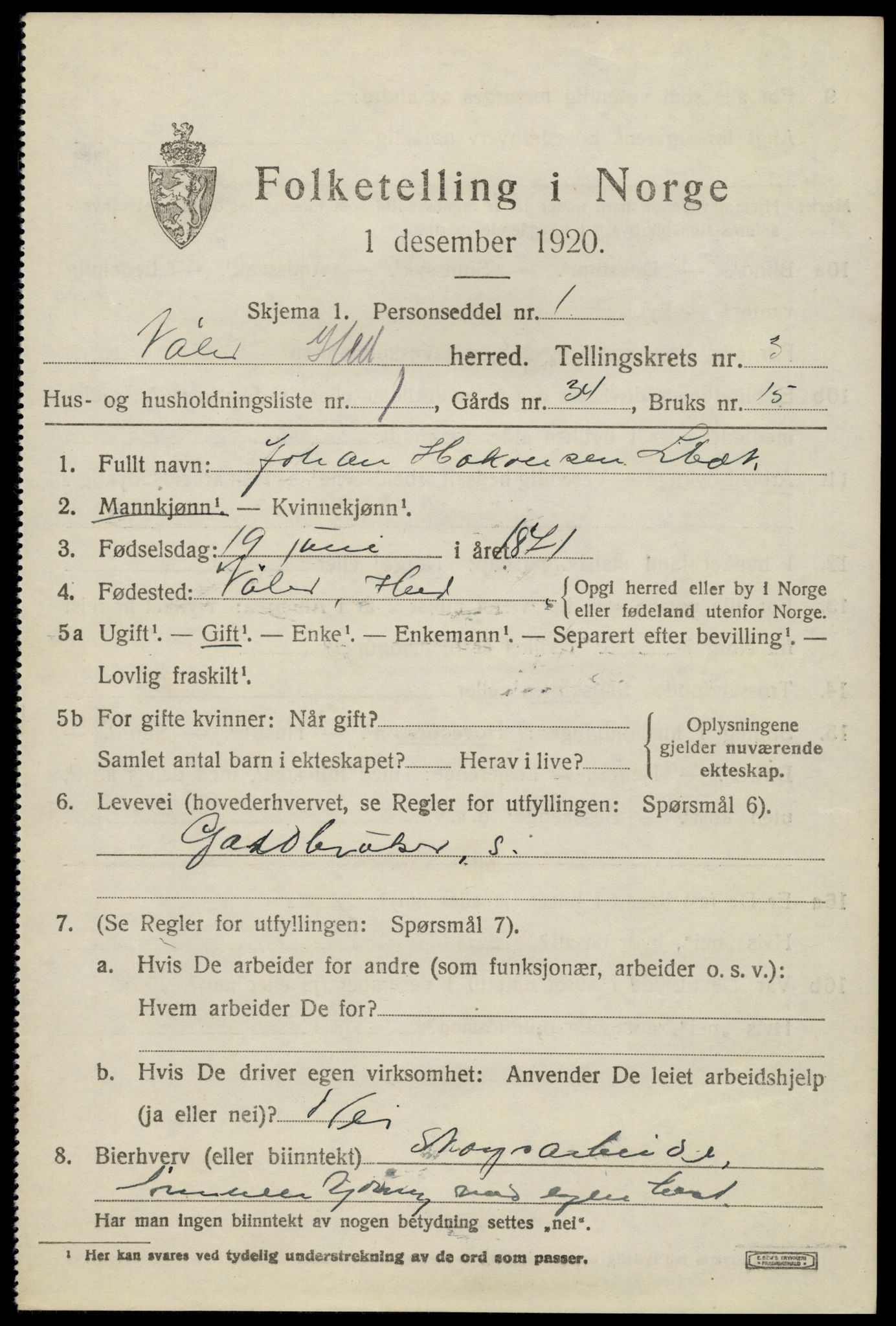 SAH, 1920 census for Våler (Hedmark), 1920, p. 3365