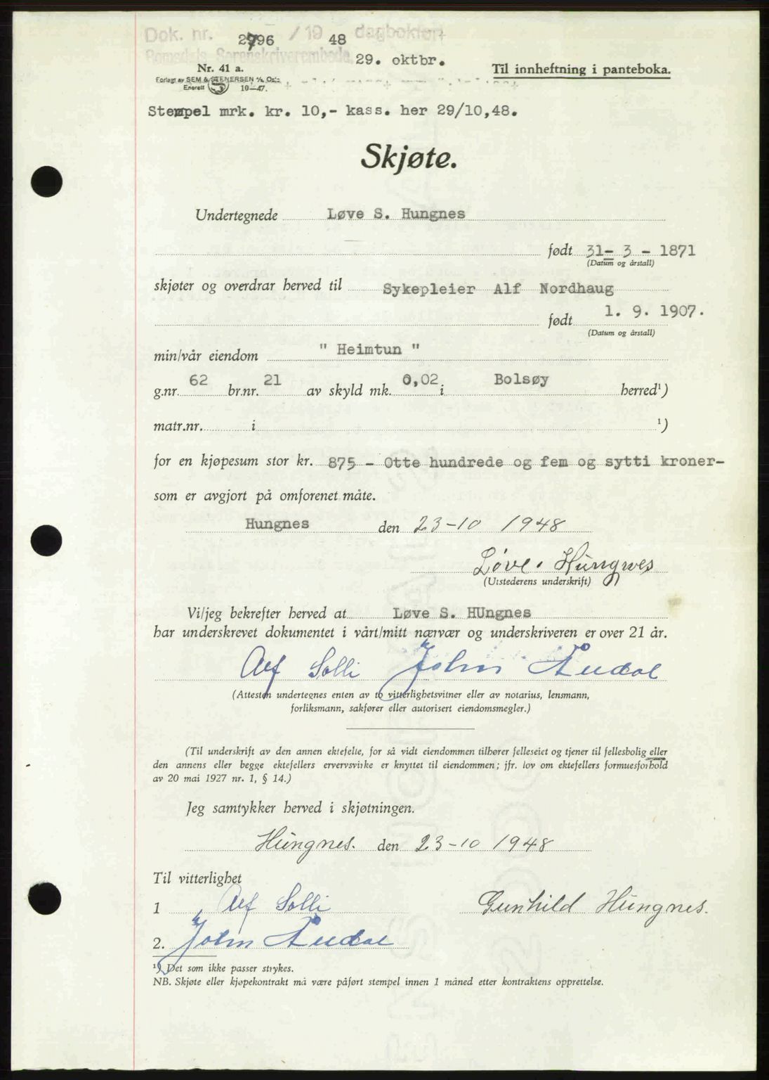 Romsdal sorenskriveri, AV/SAT-A-4149/1/2/2C: Mortgage book no. A27, 1948-1948, Diary no: : 2796/1948