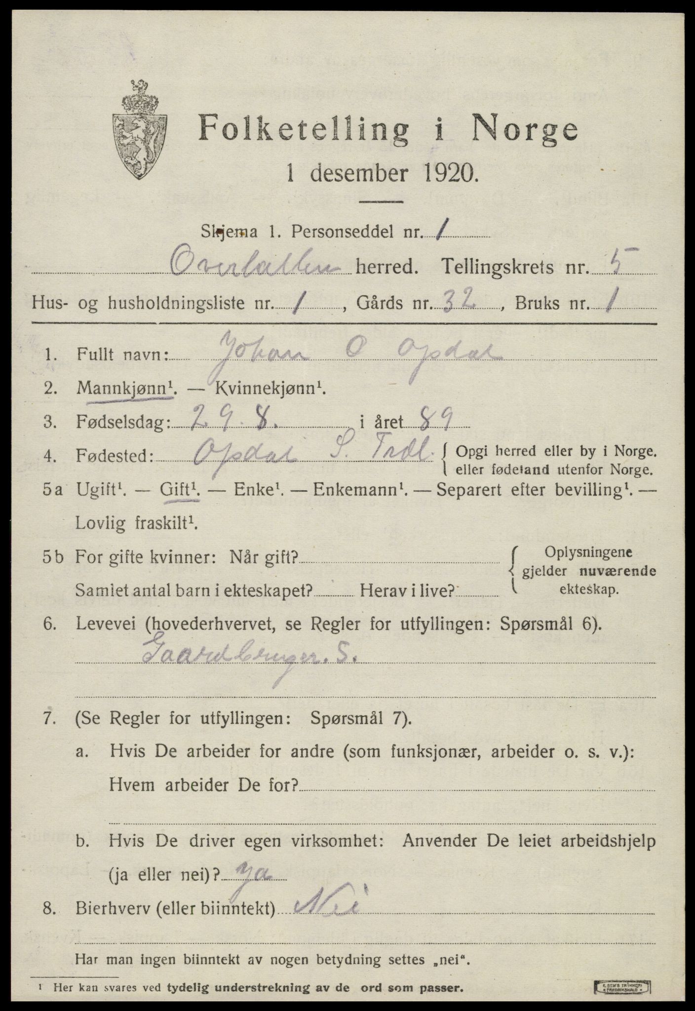 SAT, 1920 census for Overhalla, 1920, p. 3708