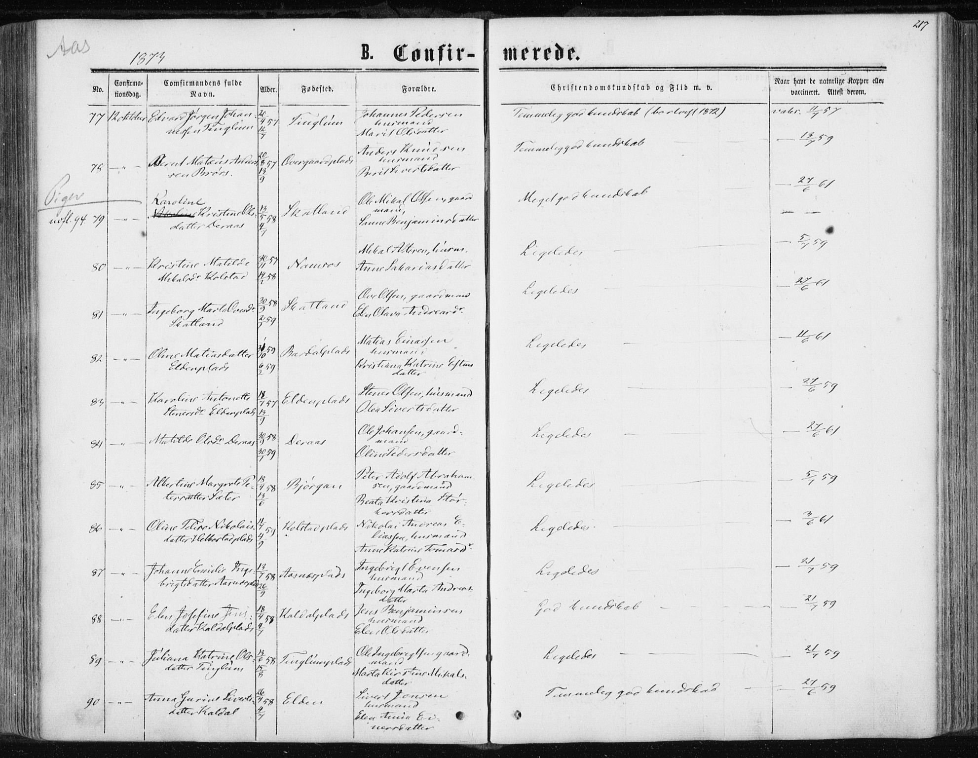 Ministerialprotokoller, klokkerbøker og fødselsregistre - Nord-Trøndelag, SAT/A-1458/741/L0394: Parish register (official) no. 741A08, 1864-1877, p. 217