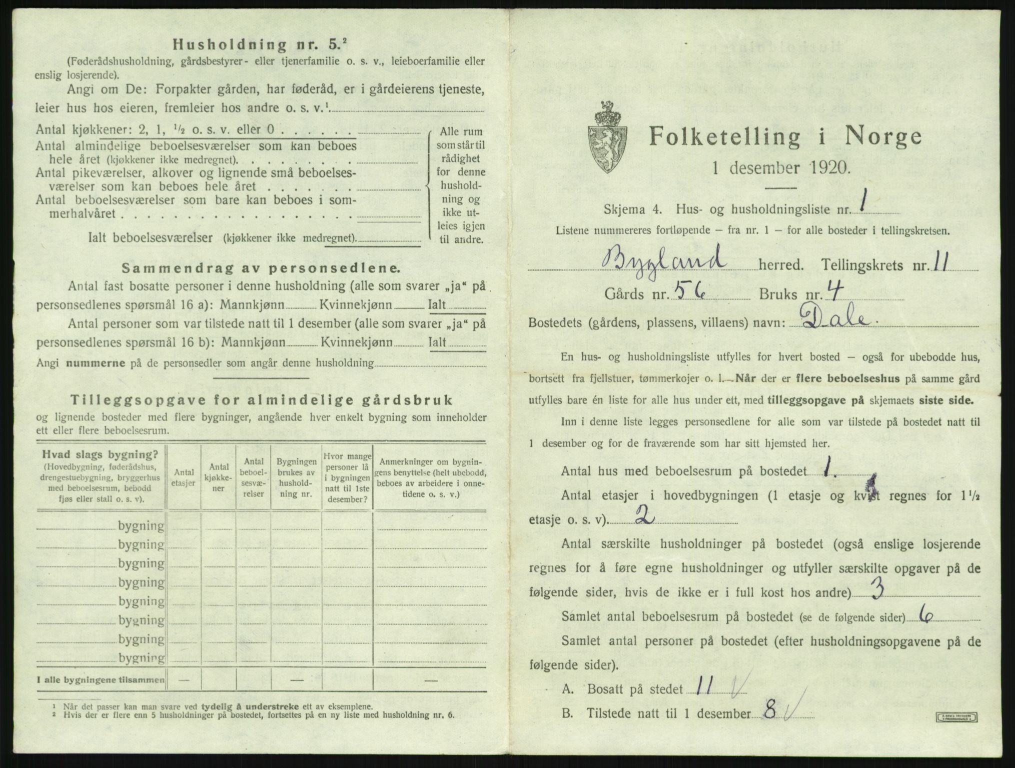 SAK, 1920 census for Bygland, 1920, p. 657