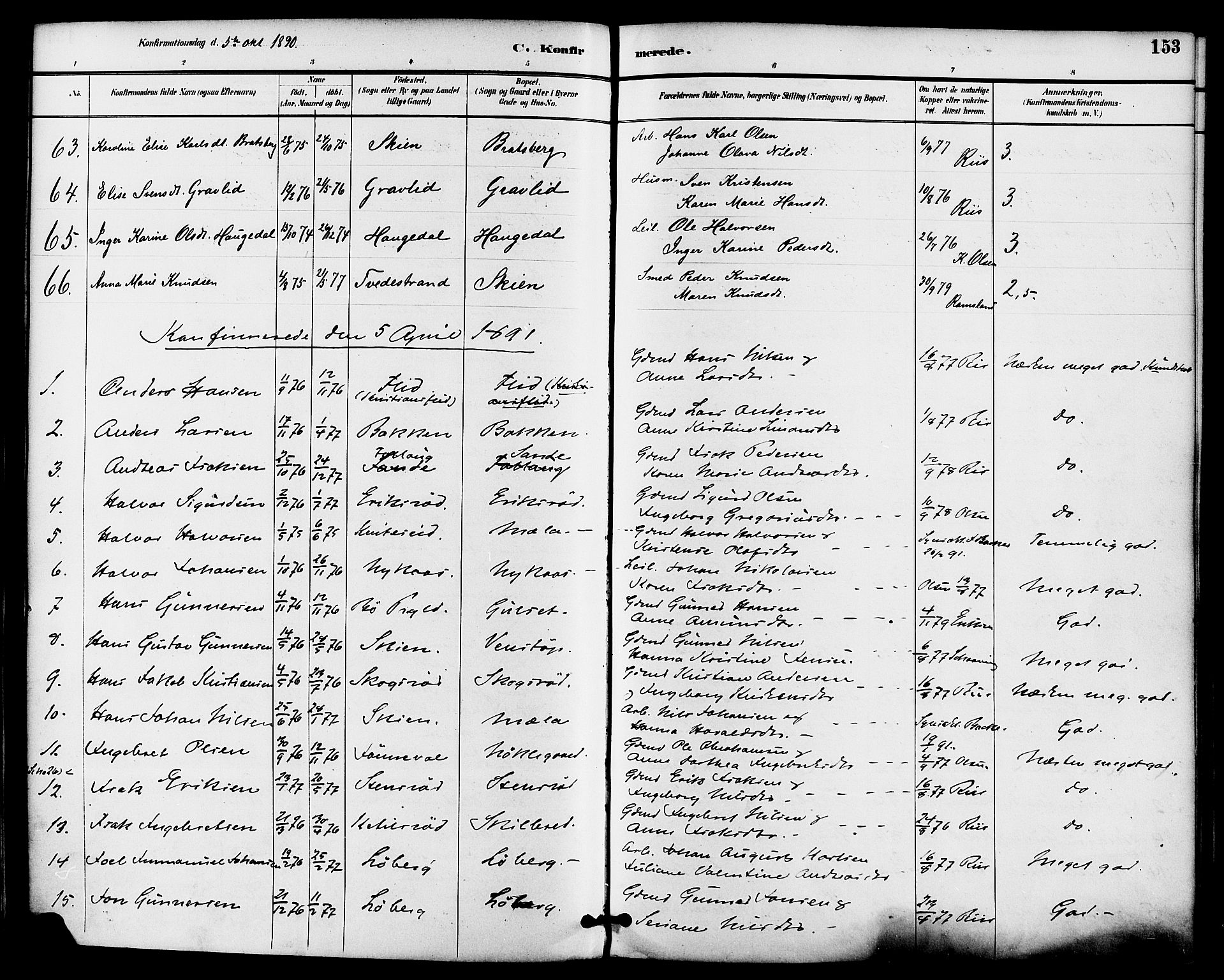 Gjerpen kirkebøker, SAKO/A-265/F/Fa/L0010: Parish register (official) no. I 10, 1886-1895, p. 153