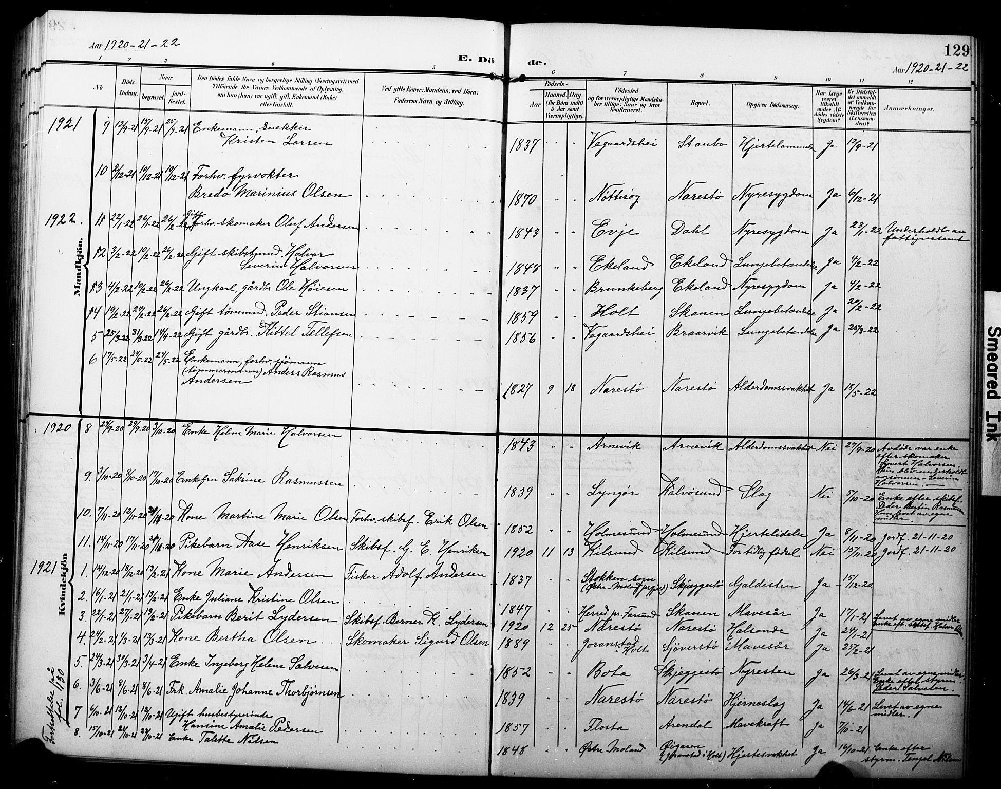 Dypvåg sokneprestkontor, AV/SAK-1111-0007/F/Fb/Fbb/L0005: Parish register (copy) no. B 5, 1905-1924, p. 129