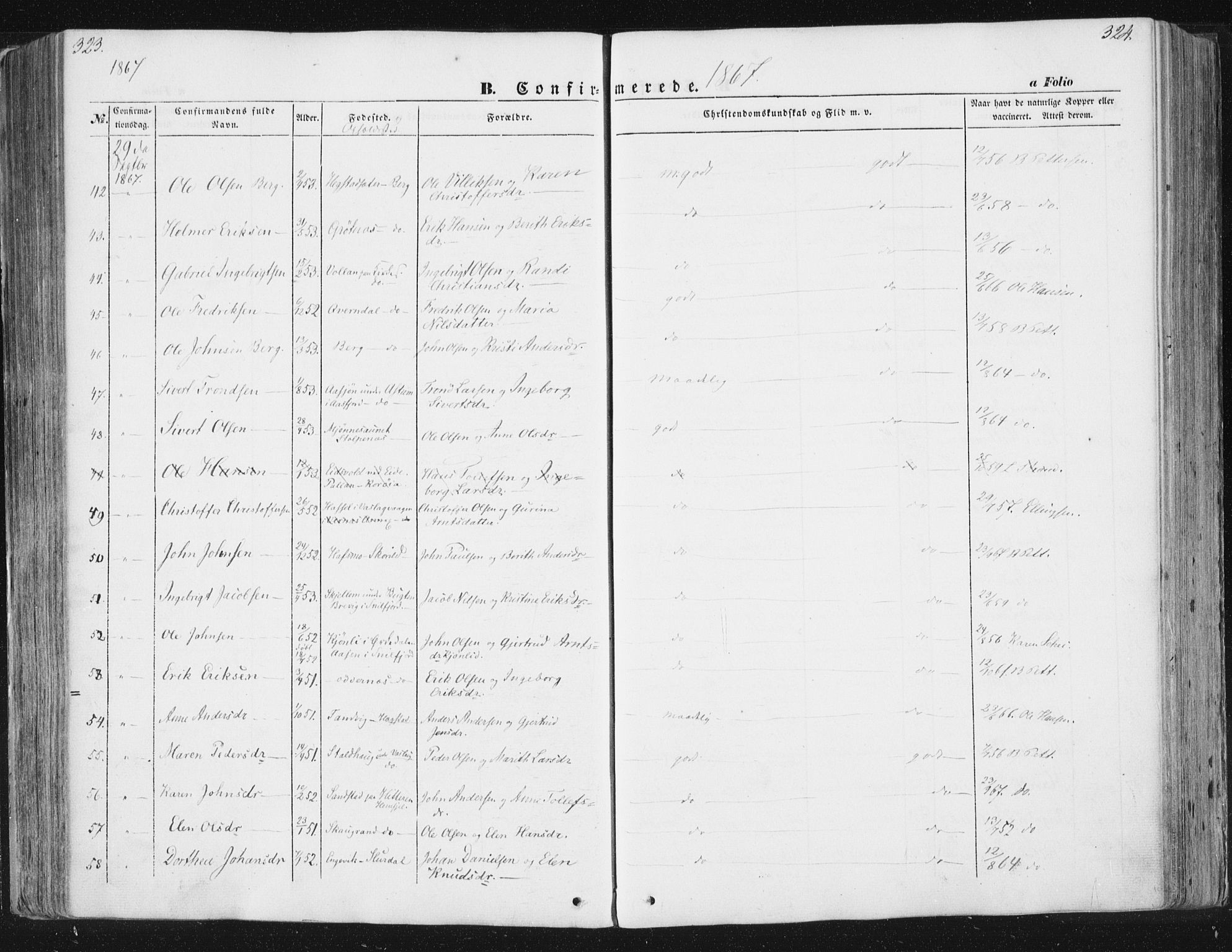 Ministerialprotokoller, klokkerbøker og fødselsregistre - Sør-Trøndelag, AV/SAT-A-1456/630/L0494: Parish register (official) no. 630A07, 1852-1868, p. 323-324