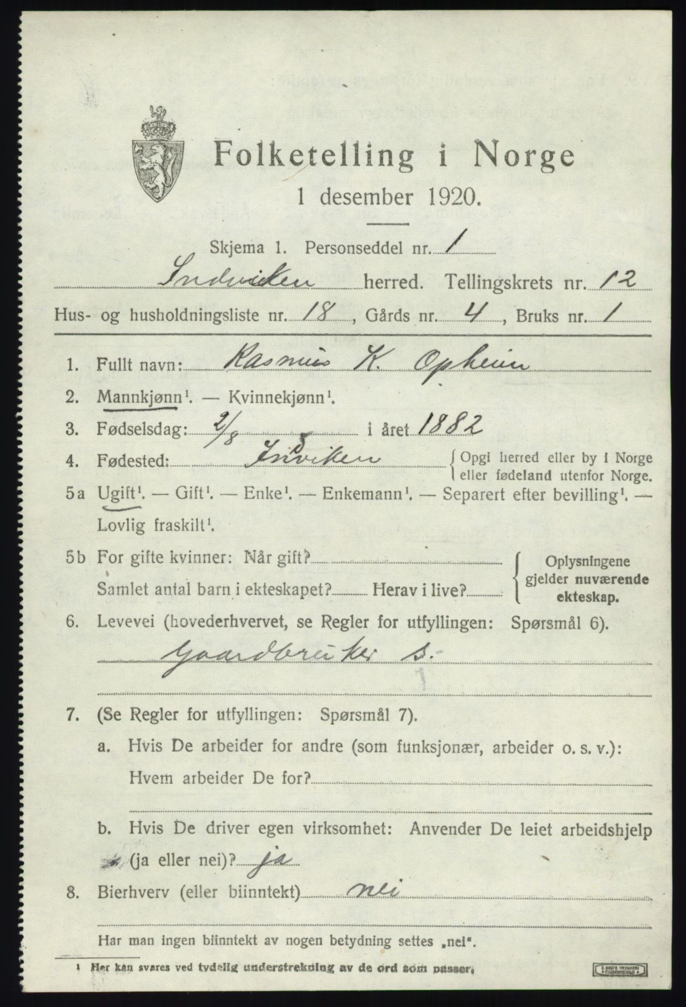 SAB, 1920 census for Innvik, 1920, p. 5115