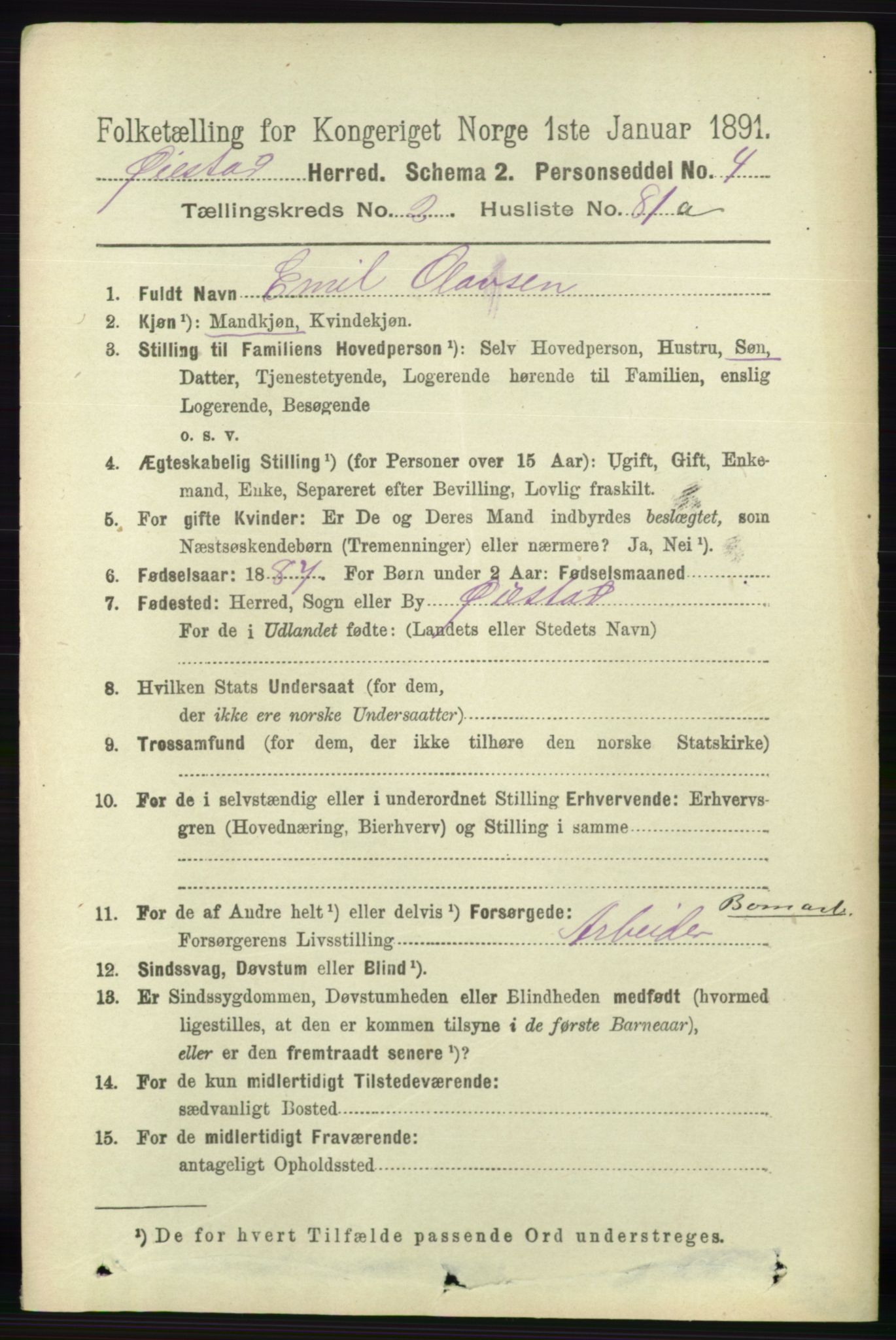 RA, 1891 census for 0920 Øyestad, 1891, p. 833