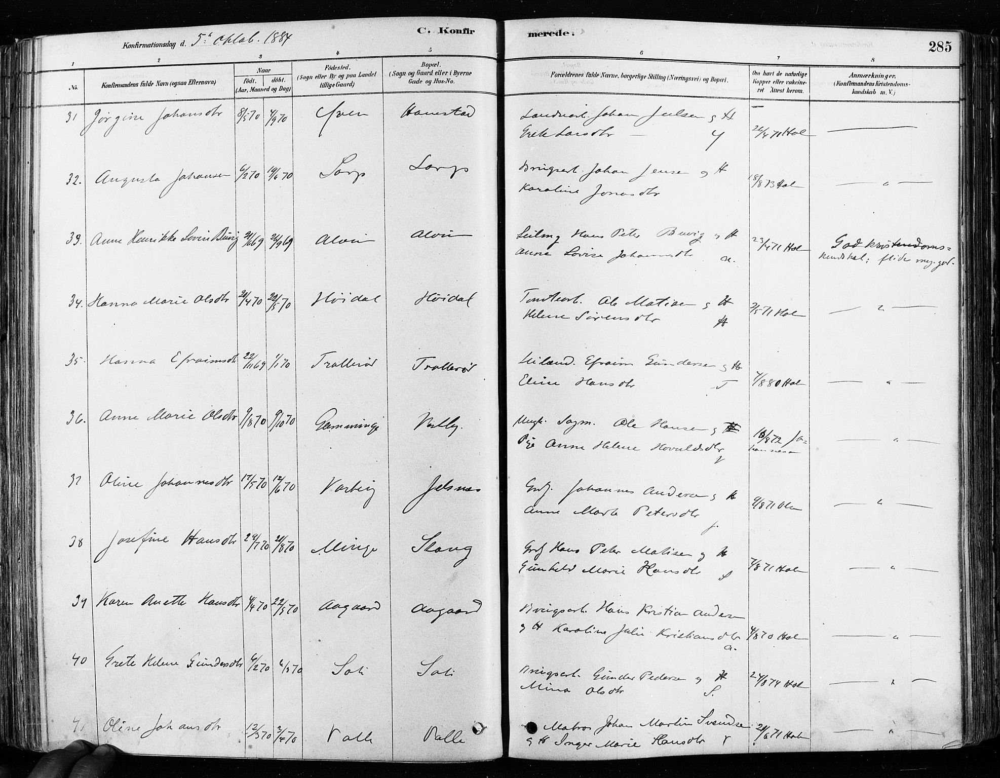 Tune prestekontor Kirkebøker, AV/SAO-A-2007/F/Fa/L0017: Parish register (official) no. 17, 1878-1887, p. 285