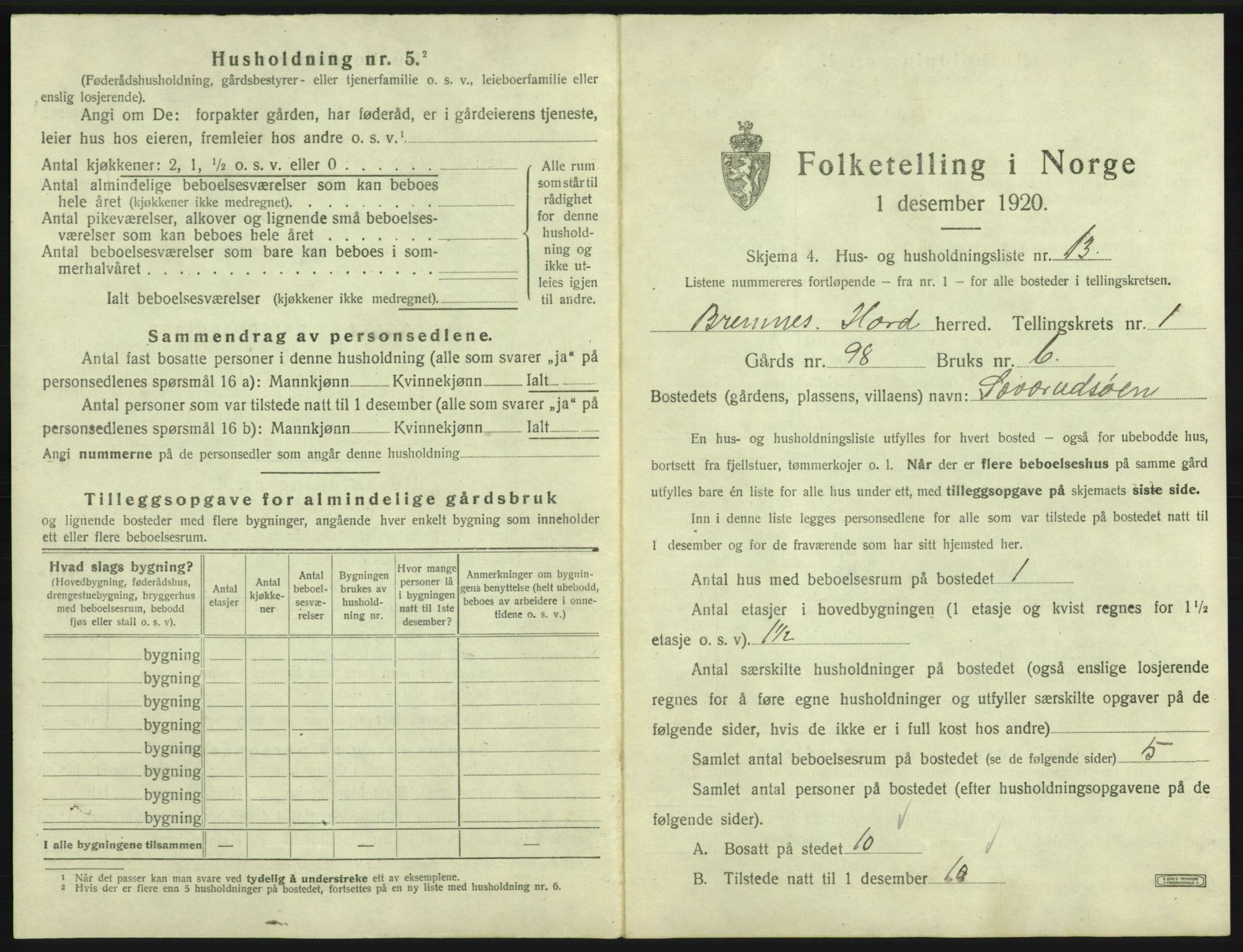 SAB, 1920 census for Bremnes, 1920, p. 67