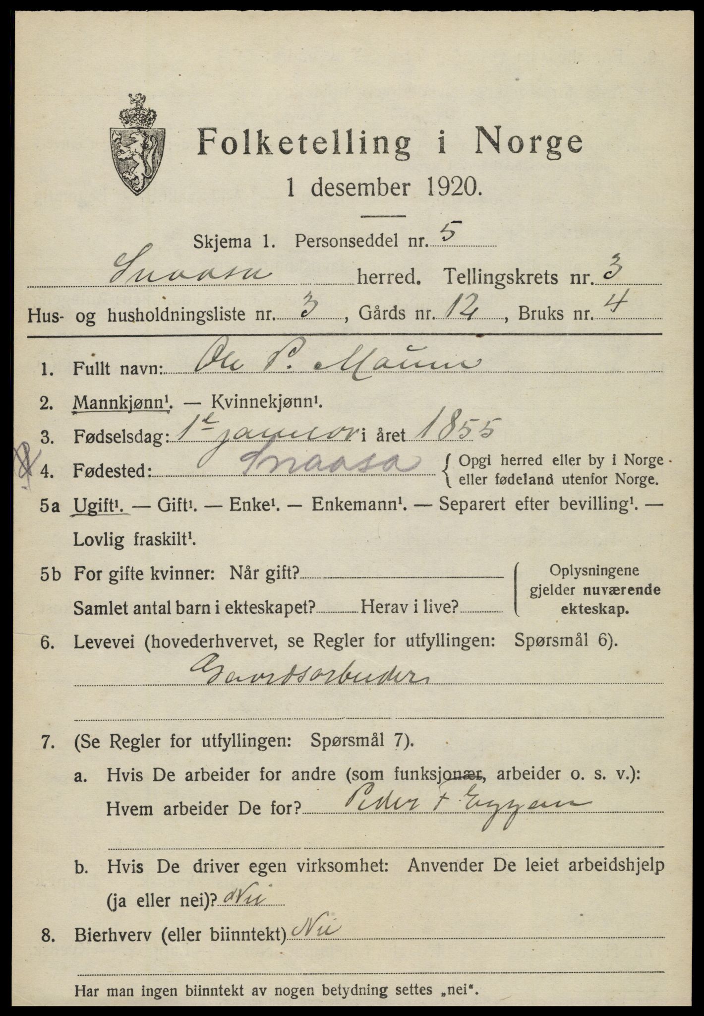 SAT, 1920 census for Snåsa, 1920, p. 1562