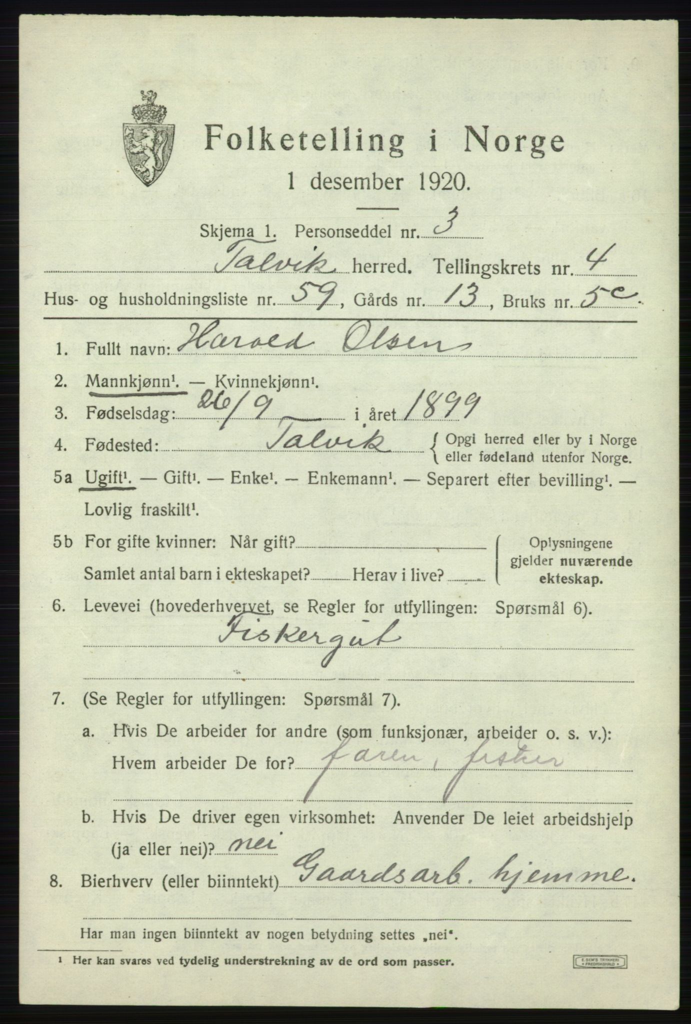 SATØ, 1920 census for Talvik, 1920, p. 3258