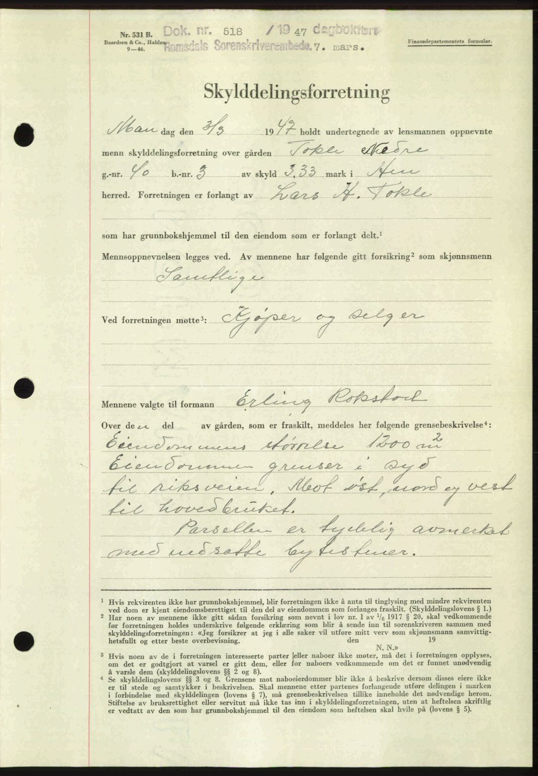 Romsdal sorenskriveri, AV/SAT-A-4149/1/2/2C: Mortgage book no. A22, 1947-1947, Diary no: : 518/1947