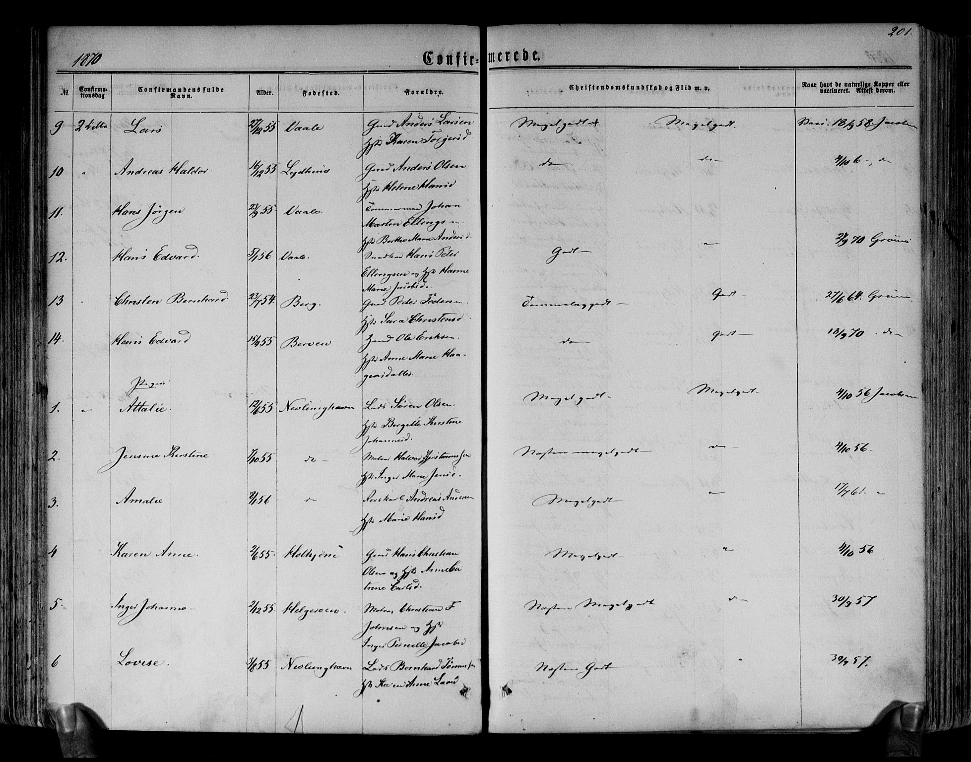 Brunlanes kirkebøker, AV/SAKO-A-342/F/Fa/L0005: Parish register (official) no. I 5, 1862-1877, p. 201