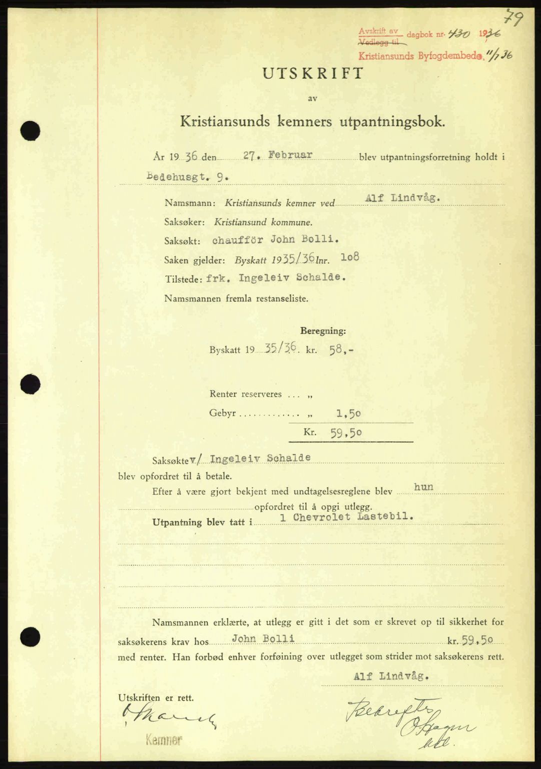 Kristiansund byfogd, AV/SAT-A-4587/A/27: Mortgage book no. 29, 1936-1937, Diary no: : 430/1936