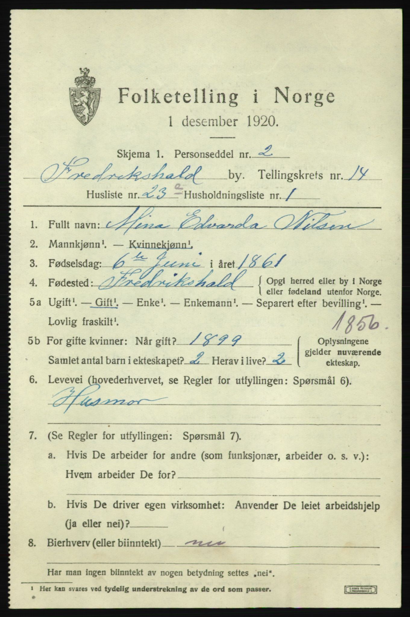 SAO, 1920 census for Fredrikshald, 1920, p. 22845