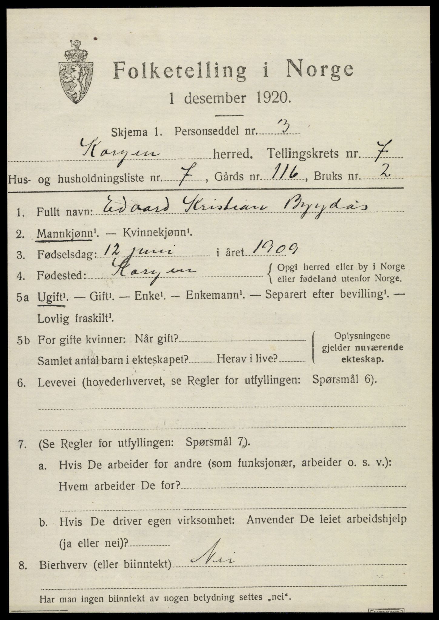 SAT, 1920 census for Korgen, 1920, p. 2858