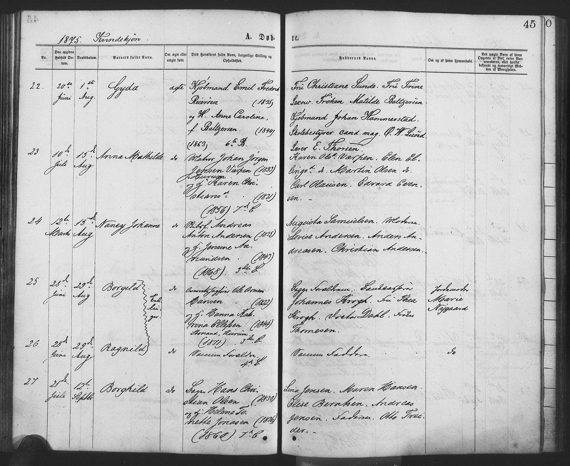 Drøbak prestekontor Kirkebøker, AV/SAO-A-10142a/F/Fa/L0003: Parish register (official) no. I 3, 1871-1877, p. 45