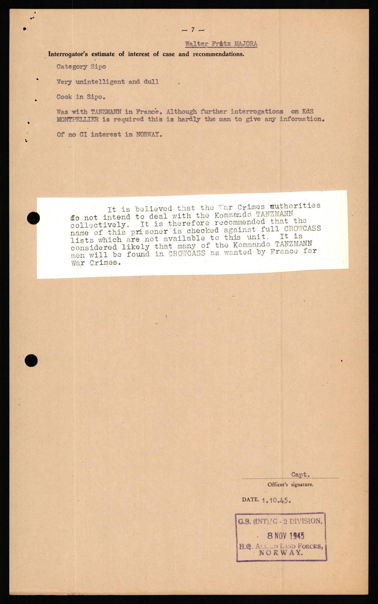 Forsvaret, Forsvarets overkommando II, AV/RA-RAFA-3915/D/Db/L0021: CI Questionaires. Tyske okkupasjonsstyrker i Norge. Tyskere., 1945-1946, p. 102