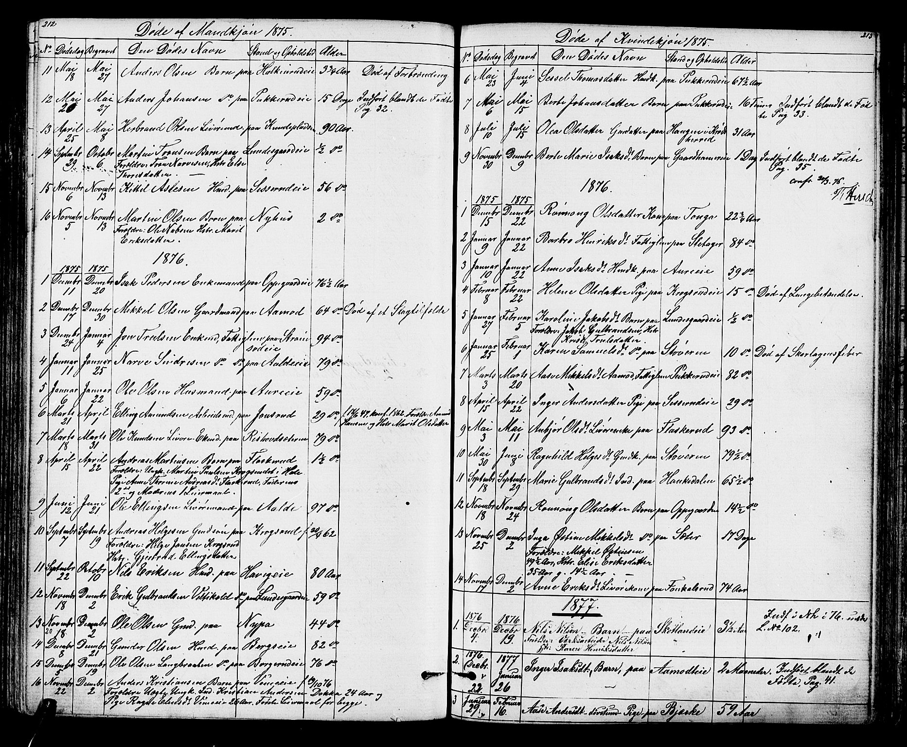 Lunder kirkebøker, AV/SAKO-A-629/G/Ga/L0003a: Parish register (copy) no. I 3, 1869-1888, p. 212-213