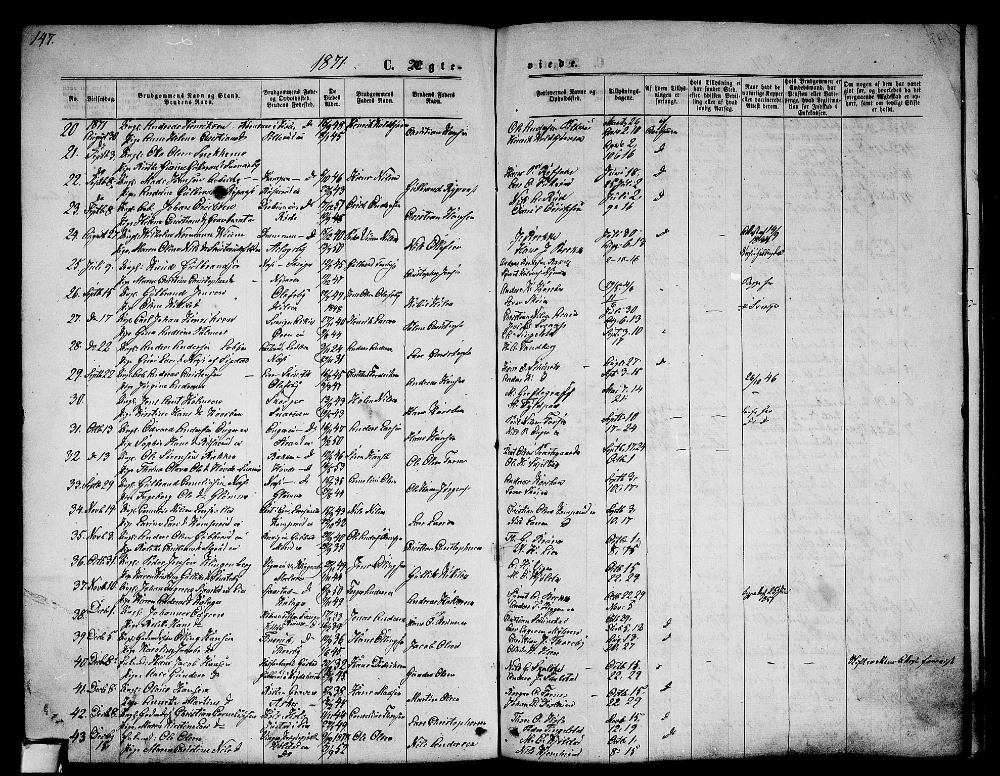 Modum kirkebøker, AV/SAKO-A-234/G/Ga/L0007: Parish register (copy) no. I 7, 1869-1878, p. 147