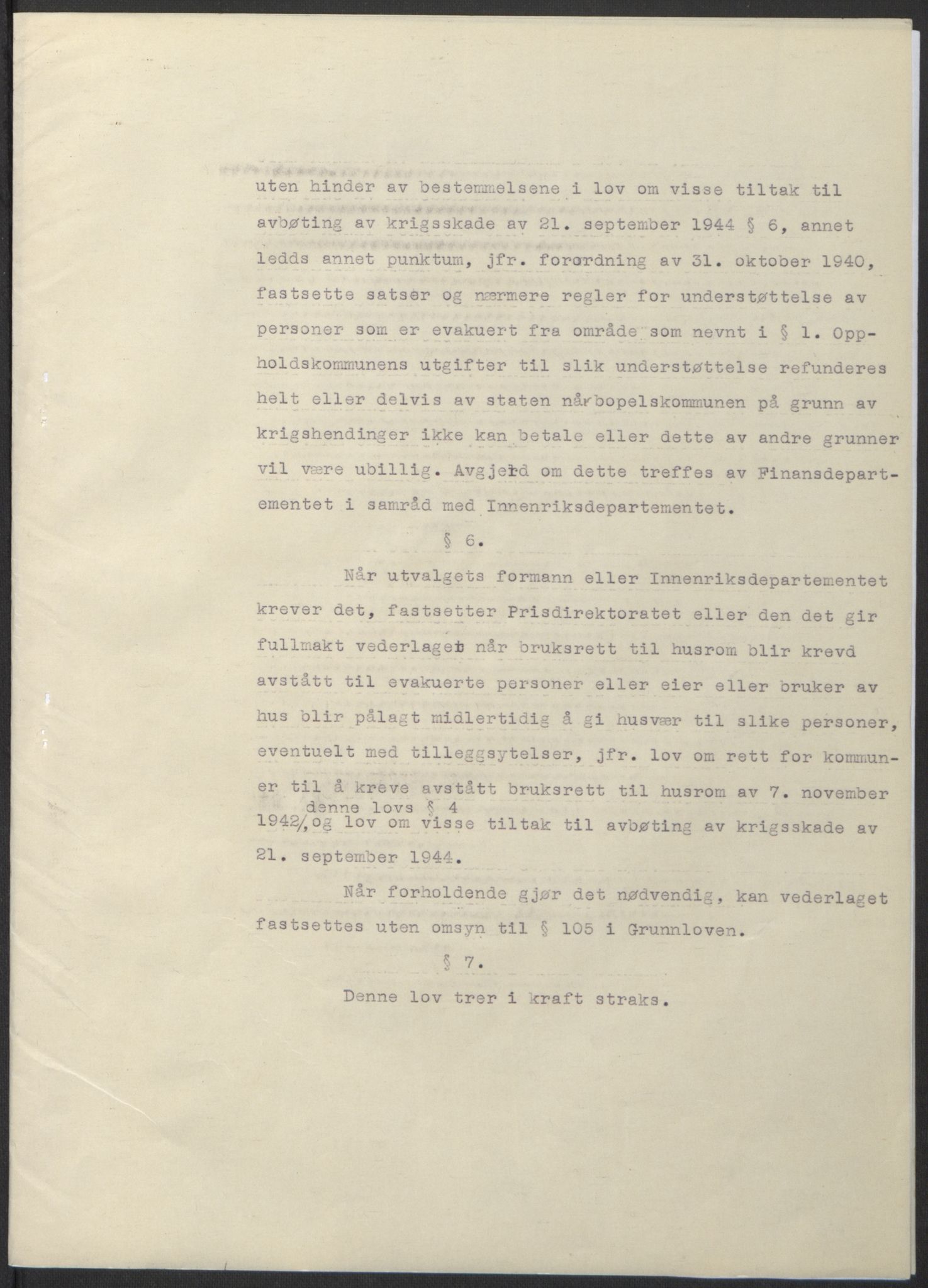 NS-administrasjonen 1940-1945 (Statsrådsekretariatet, de kommisariske statsråder mm), AV/RA-S-4279/D/Db/L0100: Lover, 1944, p. 556