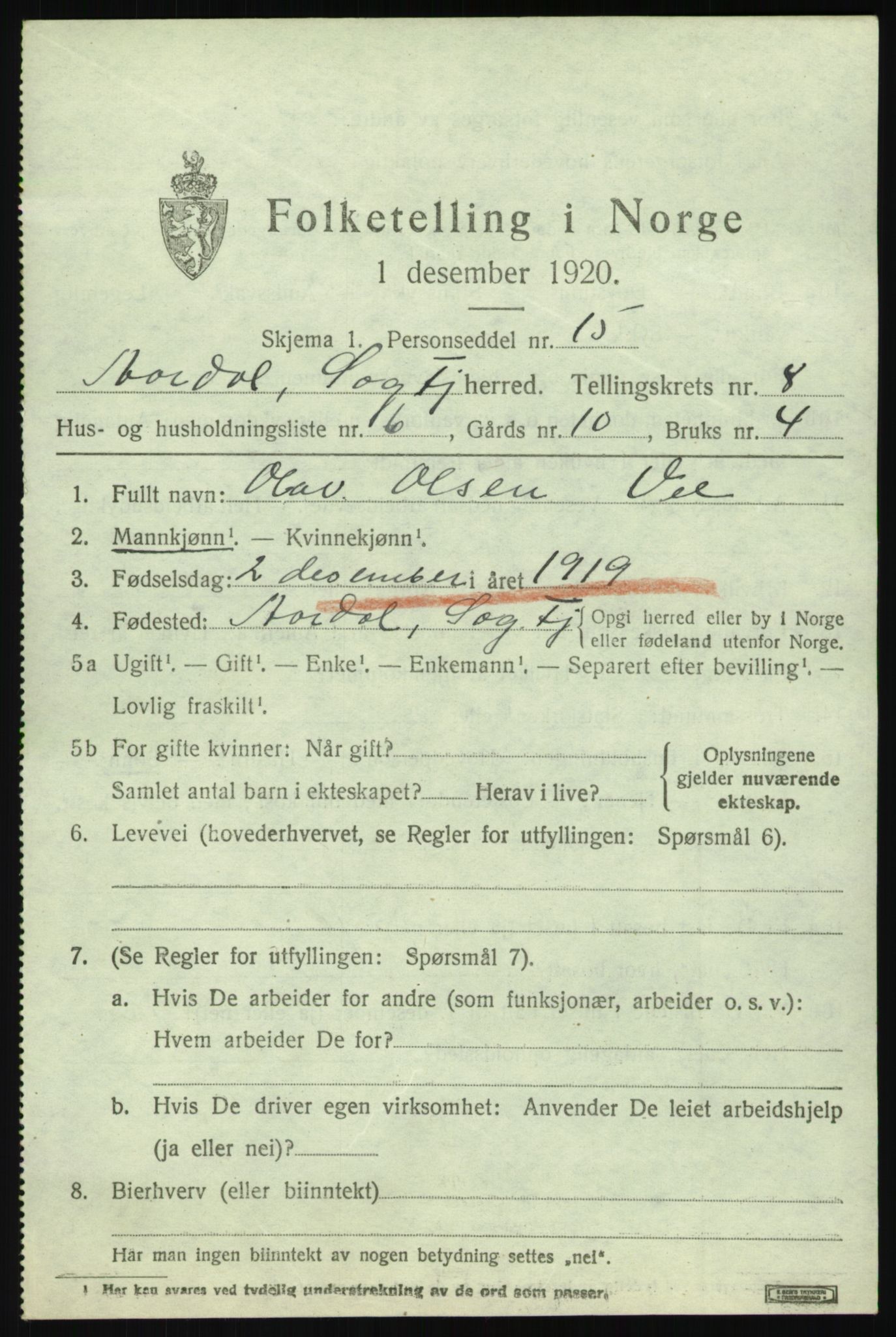 SAB, 1920 census for Årdal, 1920, p. 3623