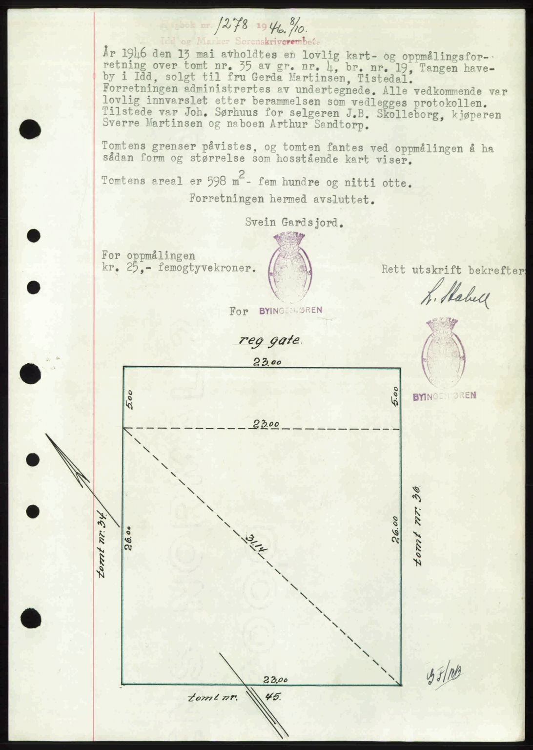 Idd og Marker sorenskriveri, AV/SAO-A-10283/G/Gb/Gbb/L0008: Mortgage book no. A8, 1946-1946, Diary no: : 1278/1946