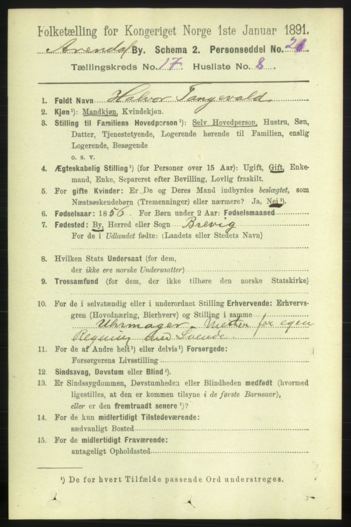 RA, 1891 census for 0903 Arendal, 1891, p. 5709