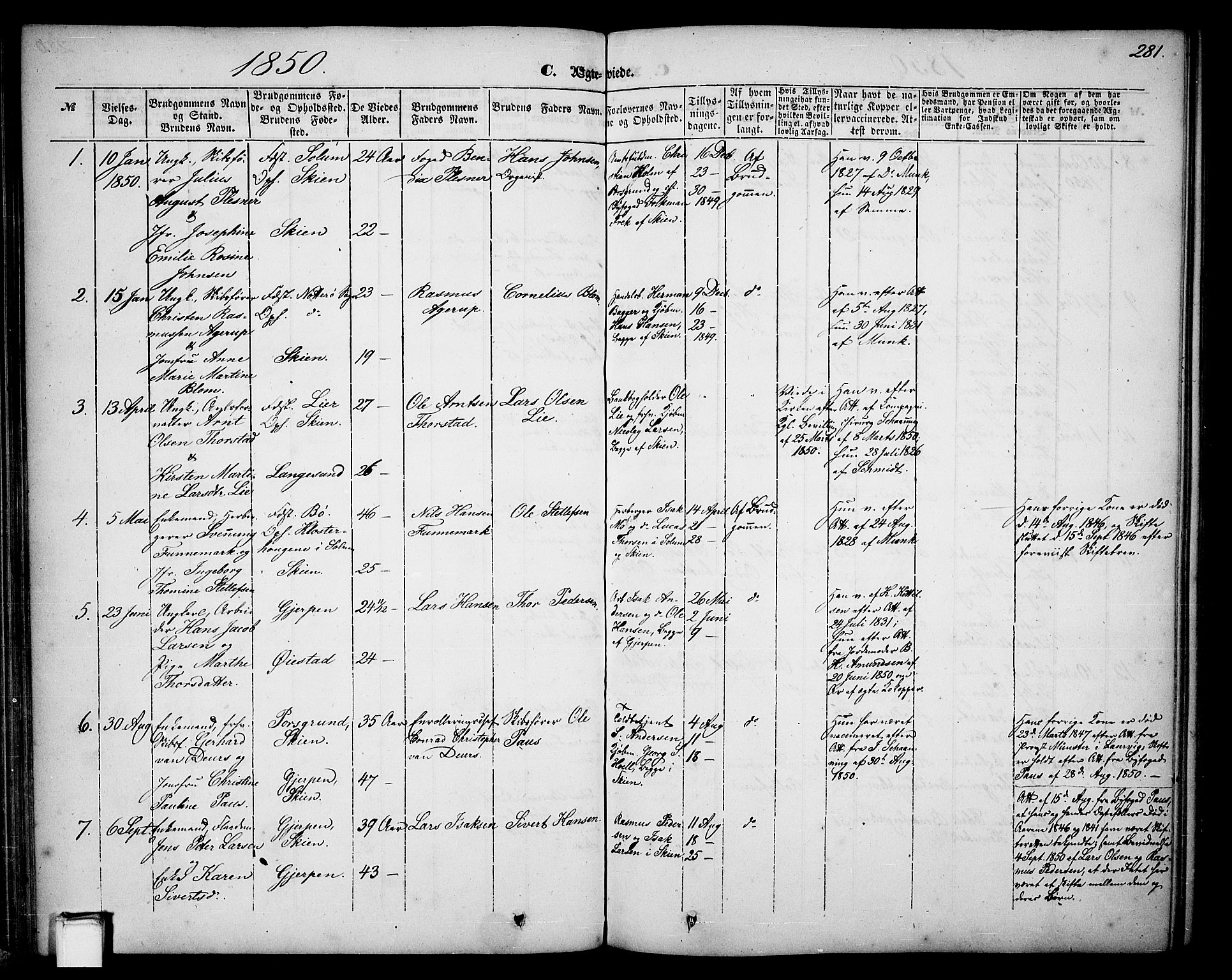 Skien kirkebøker, SAKO/A-302/G/Ga/L0004: Parish register (copy) no. 4, 1843-1867, p. 281