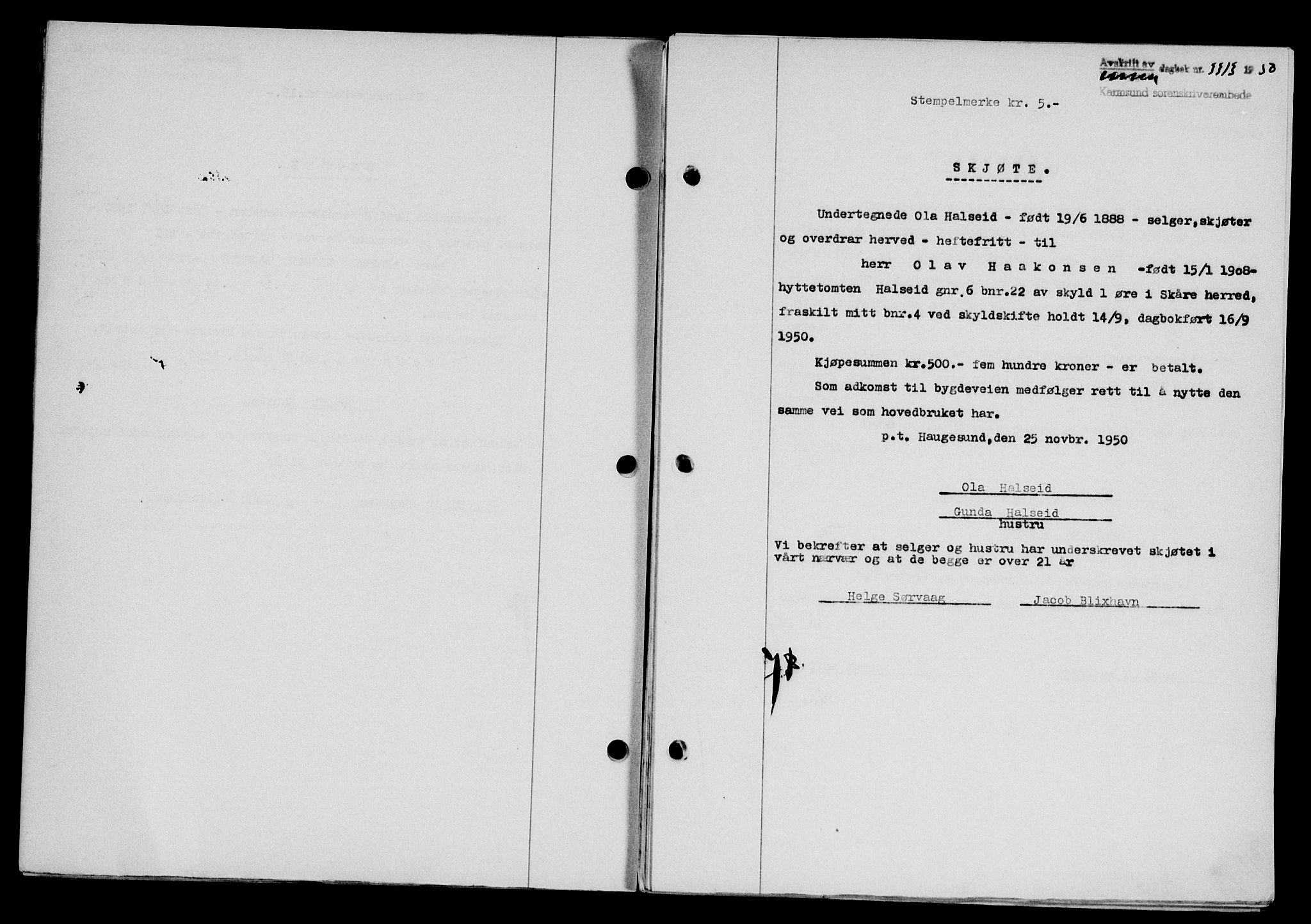 Karmsund sorenskriveri, SAST/A-100311/01/II/IIB/L0101: Mortgage book no. 81A, 1950-1951, Diary no: : 3313/1950