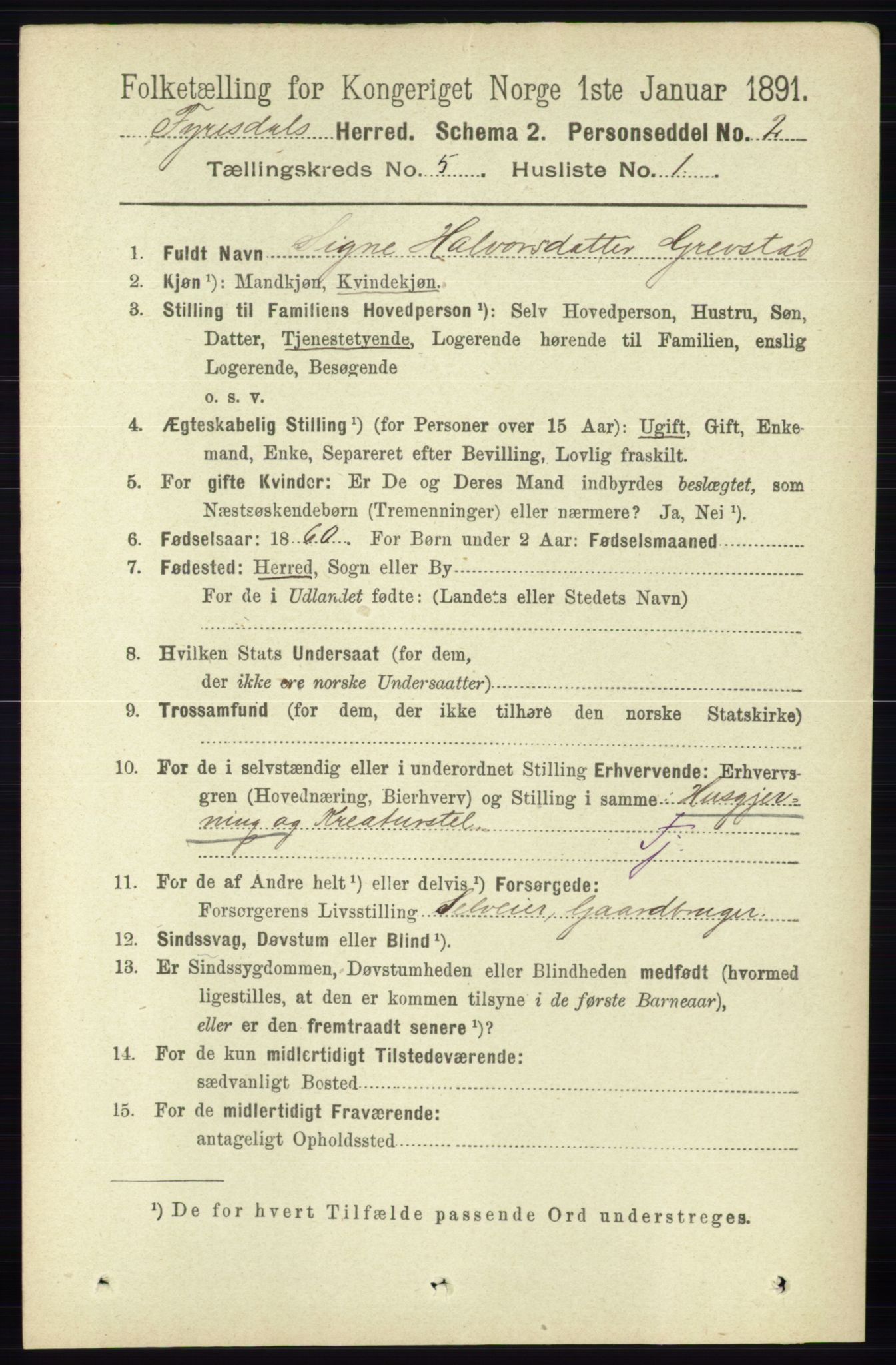 RA, 1891 census for 0831 Fyresdal, 1891, p. 1294