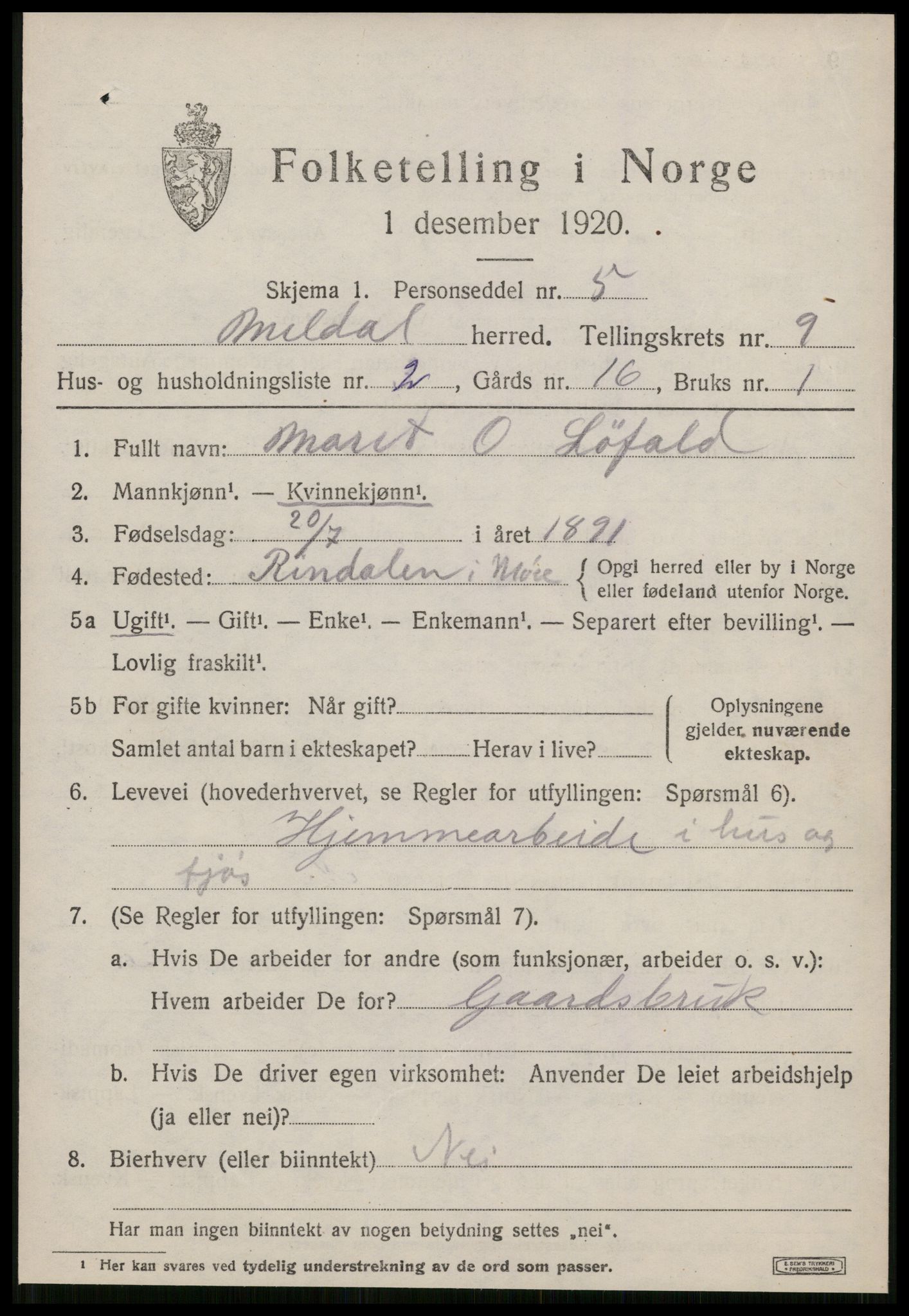 SAT, 1920 census for Meldal, 1920, p. 7533