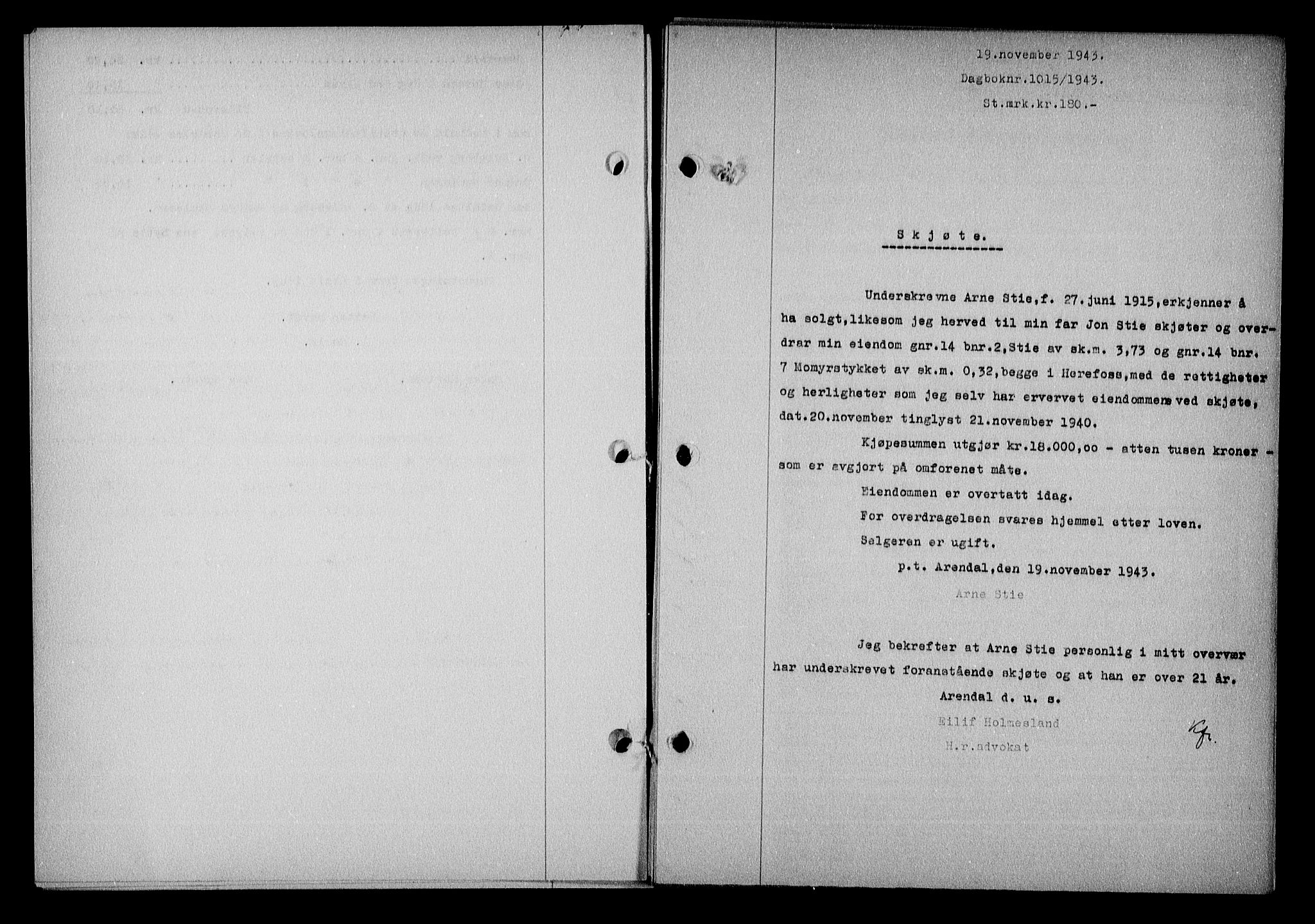 Nedenes sorenskriveri, SAK/1221-0006/G/Gb/Gba/L0051: Mortgage book no. A-V, 1943-1944, Diary no: : 1015/1943