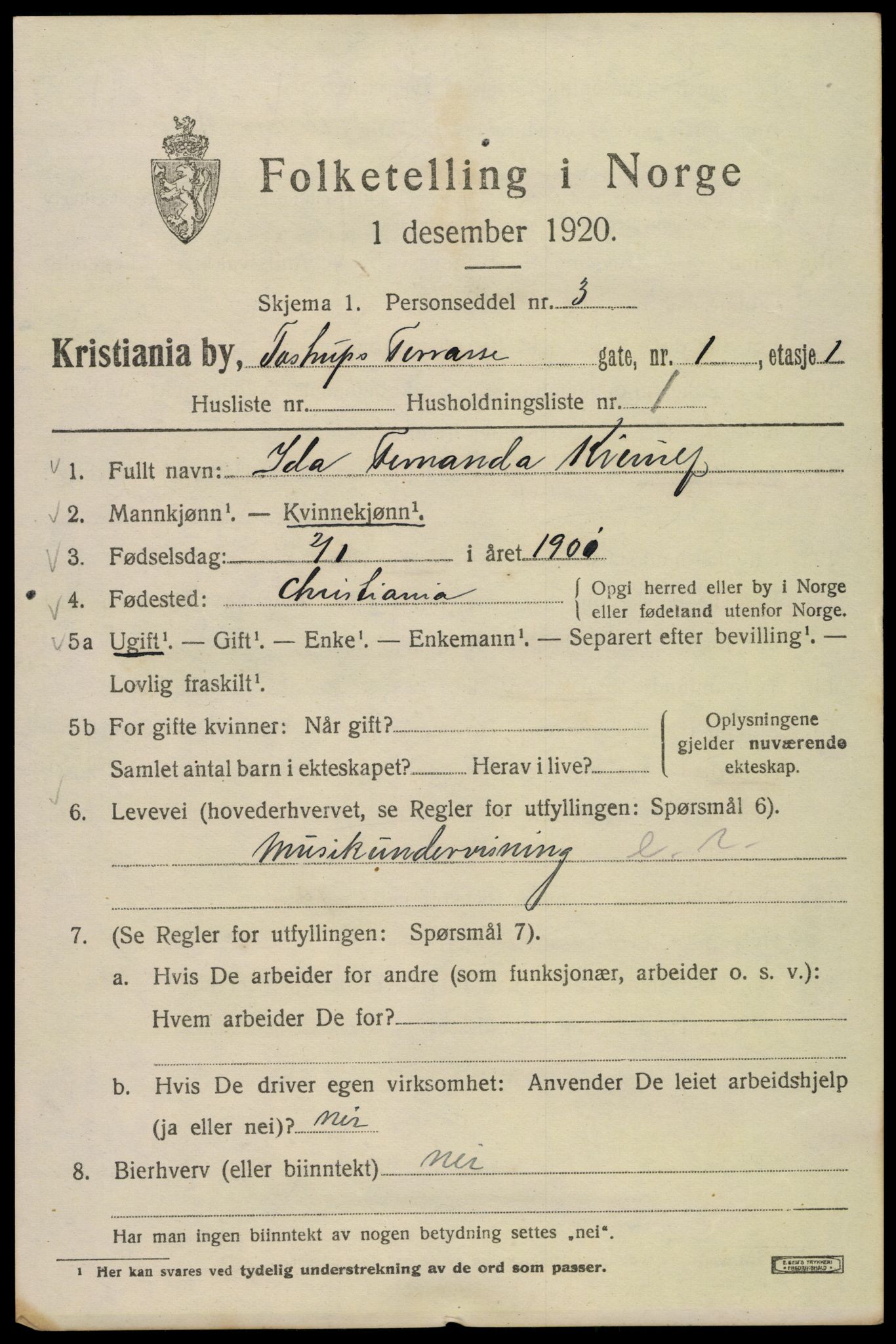 SAO, 1920 census for Kristiania, 1920, p. 595845