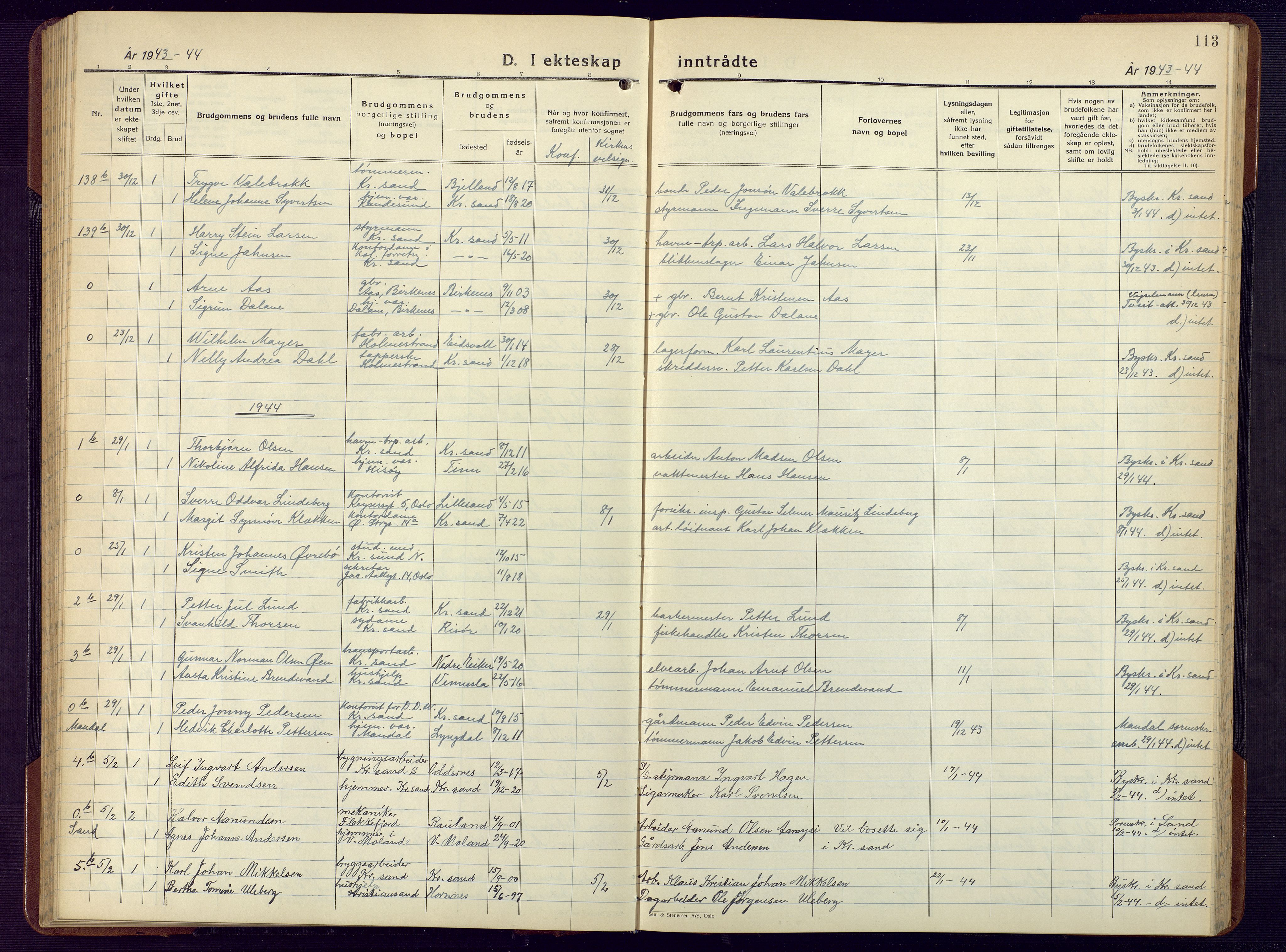 Kristiansand domprosti, AV/SAK-1112-0006/F/Fb/L0029: Parish register (copy) no. B 29, 1937-1945, p. 113