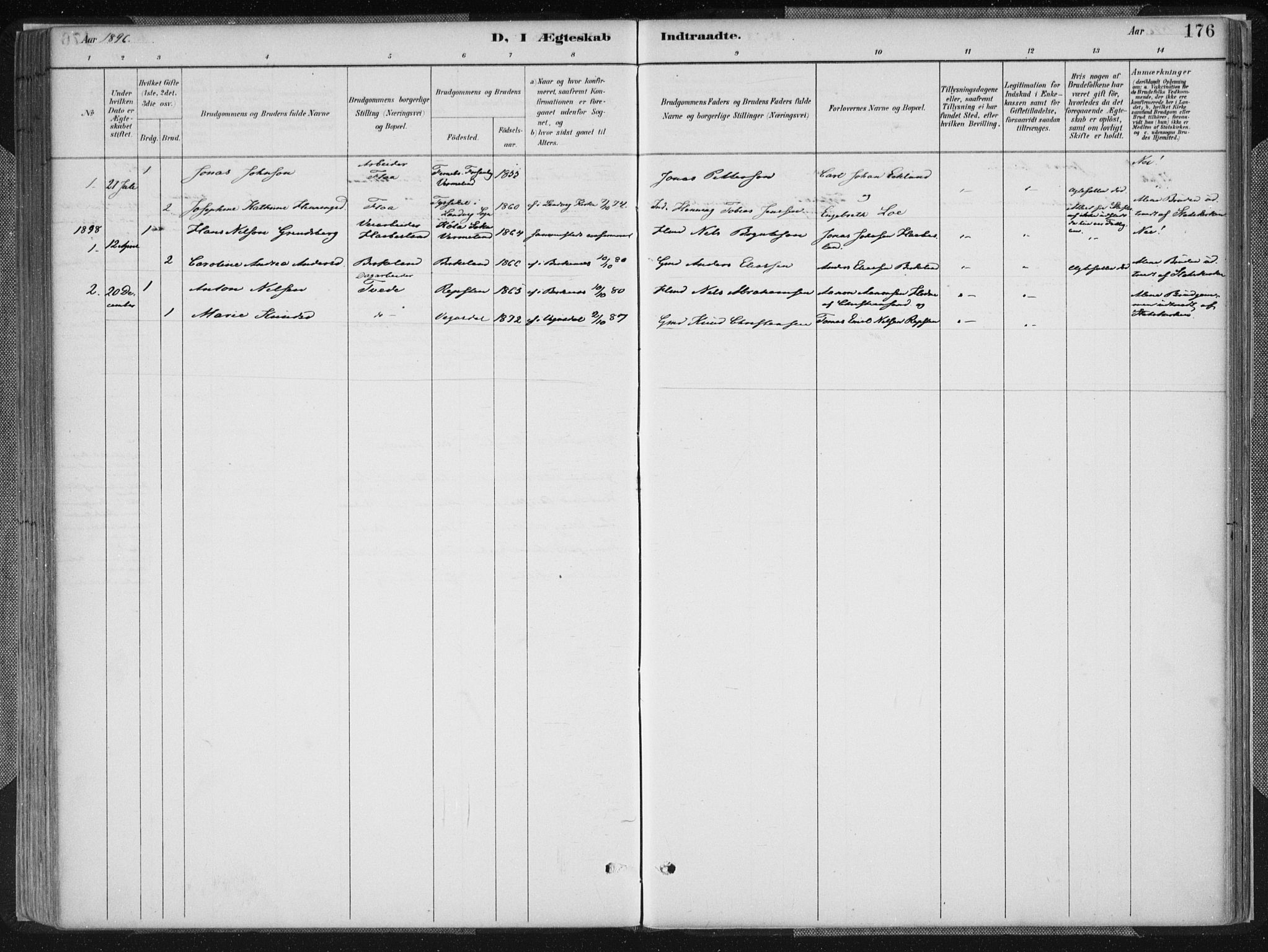 Birkenes sokneprestkontor, AV/SAK-1111-0004/F/Fa/L0005: Parish register (official) no. A 5, 1887-1907, p. 176