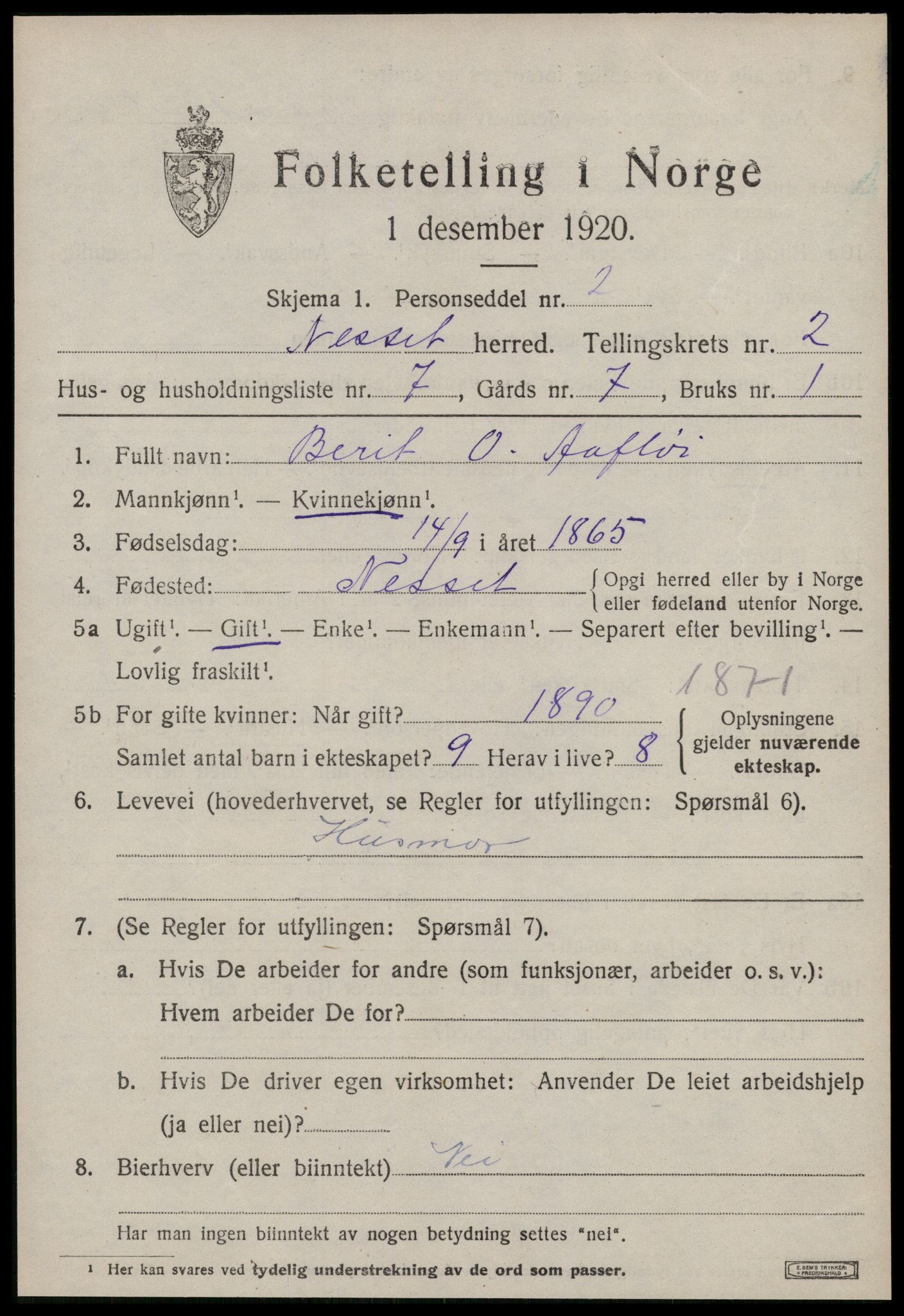 SAT, 1920 census for Nesset, 1920, p. 1088