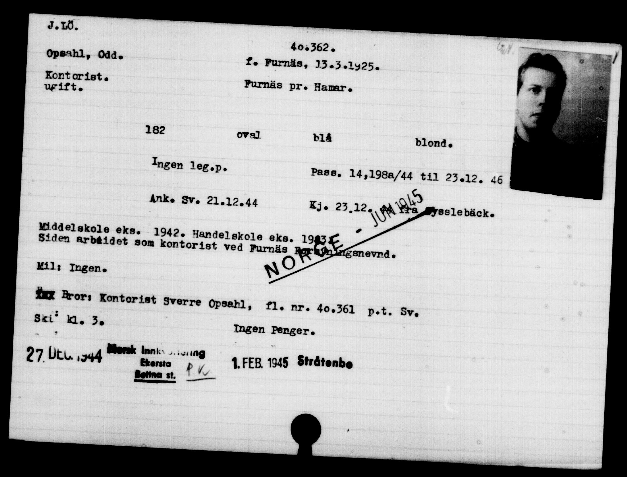 Utenriksstasjonene, Legasjonen i Stockholm, Flyktningkontoret, AV/RA-S-6753/V/Va/L0015: Kjesäterkartoteket, flyktninger med registreringsnr. 37800-40770, 1940-1945, p. 2661