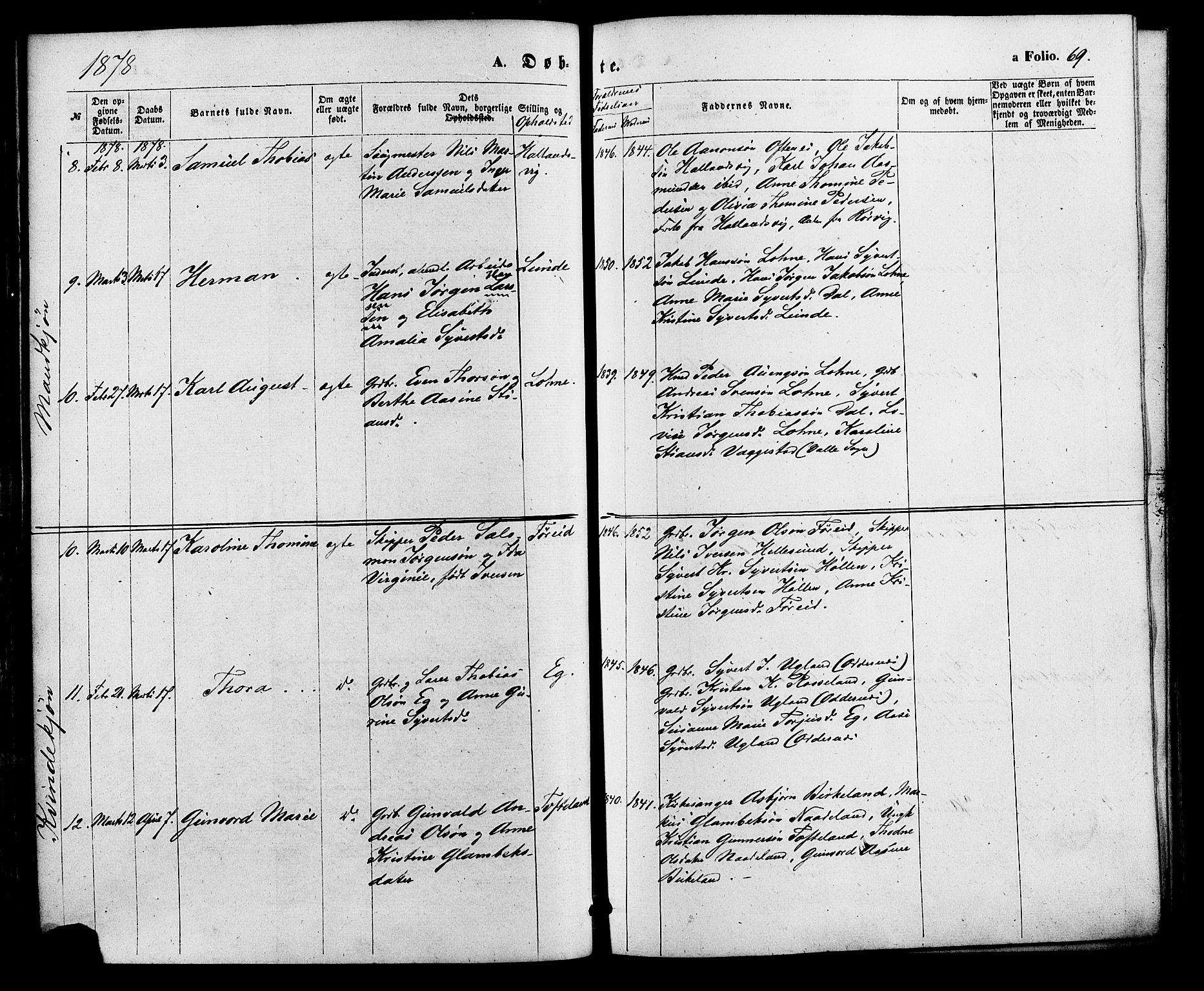 Søgne sokneprestkontor, AV/SAK-1111-0037/F/Fa/Fab/L0011: Parish register (official) no. A 11, 1869-1879, p. 69