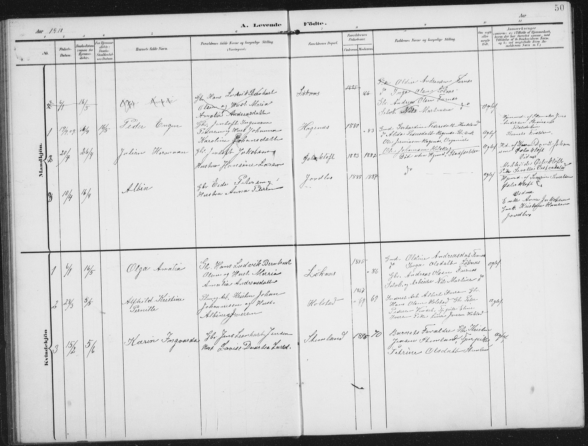 Ministerialprotokoller, klokkerbøker og fødselsregistre - Nordland, AV/SAT-A-1459/851/L0726: Parish register (copy) no. 851C01, 1902-1924, p. 50