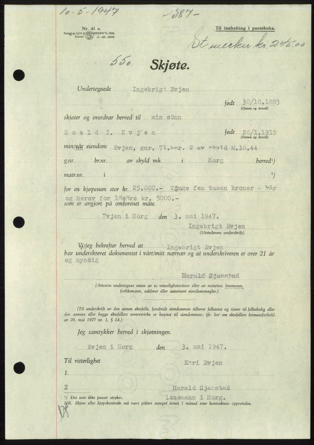 Gauldal sorenskriveri, SAT/A-0014/1/2/2C: Mortgage book no. A3, 1947-1947, Diary no: : 550/1947