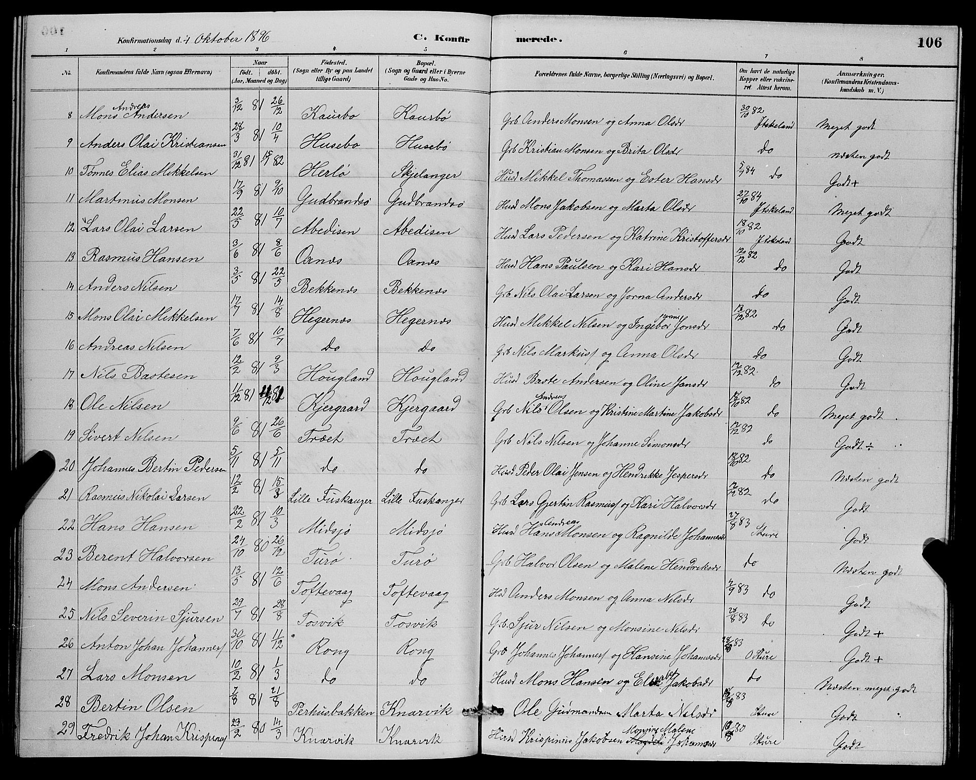 Herdla Sokneprestembete, AV/SAB-A-75701/H/Hab: Parish register (copy) no. A 3, 1889-1899, p. 106