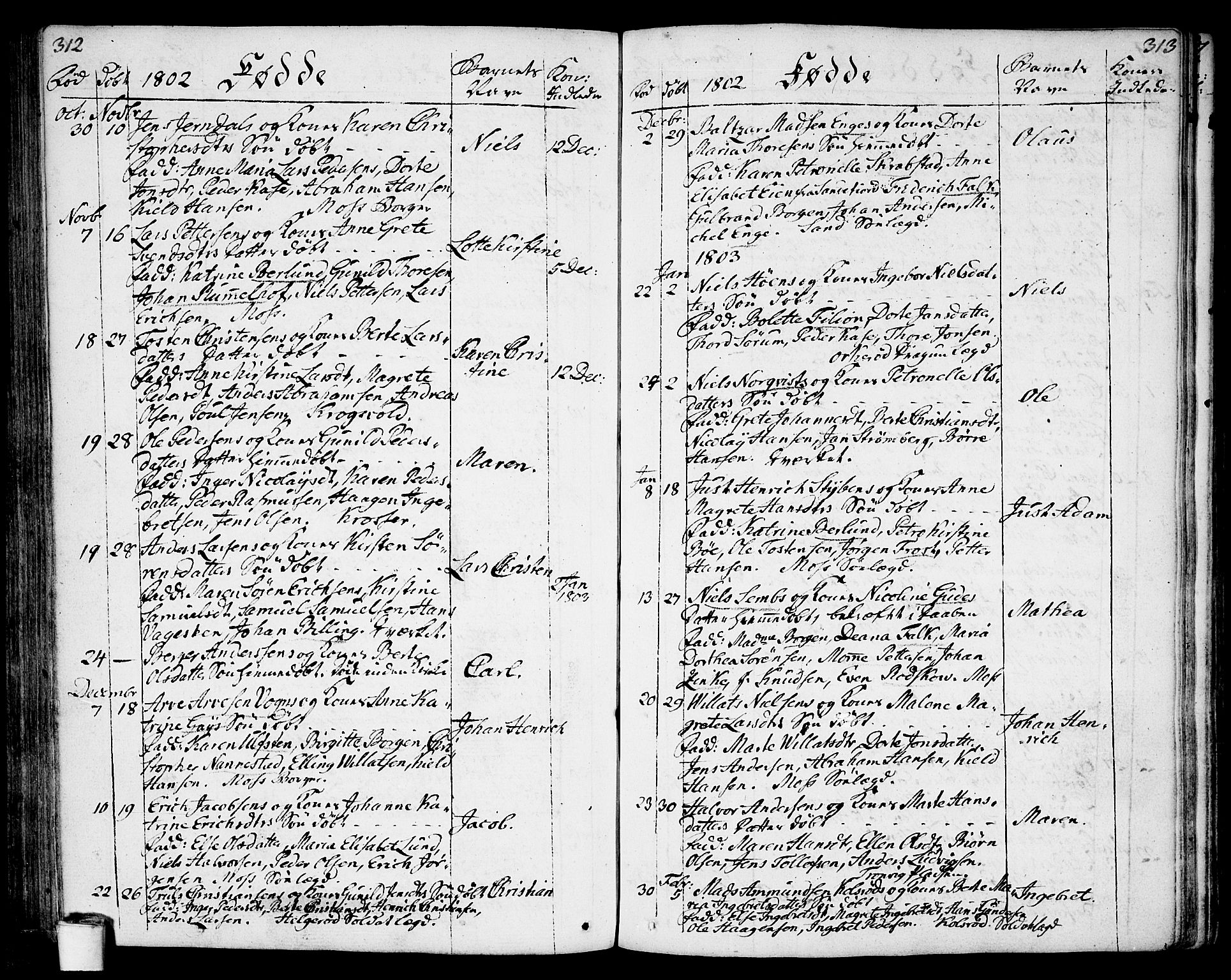 Moss prestekontor Kirkebøker, SAO/A-2003/F/Fa/L0004: Parish register (official) no. I 4, 1784-1808, p. 312-313