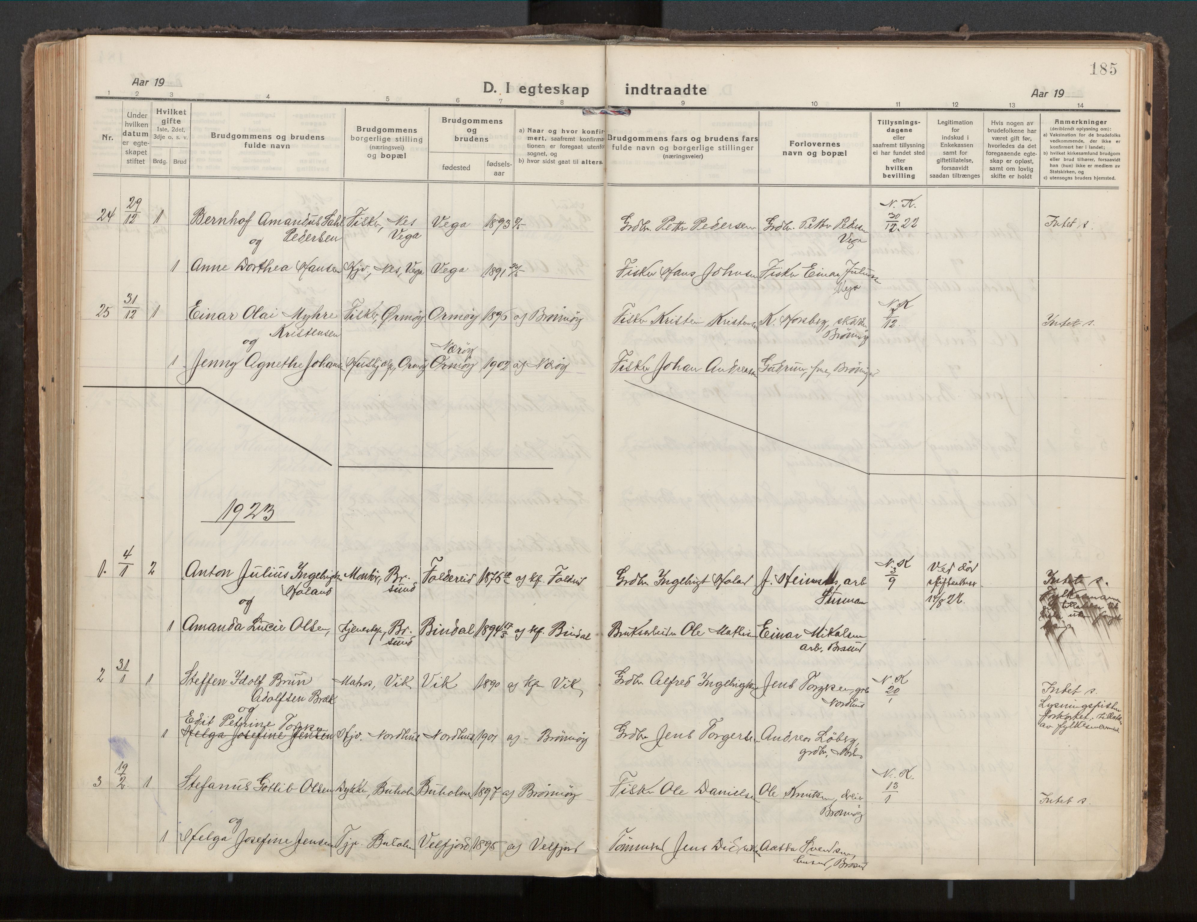 Ministerialprotokoller, klokkerbøker og fødselsregistre - Nordland, SAT/A-1459/813/L0207a: Parish register (official) no. 813A18, 1919-1927, p. 185