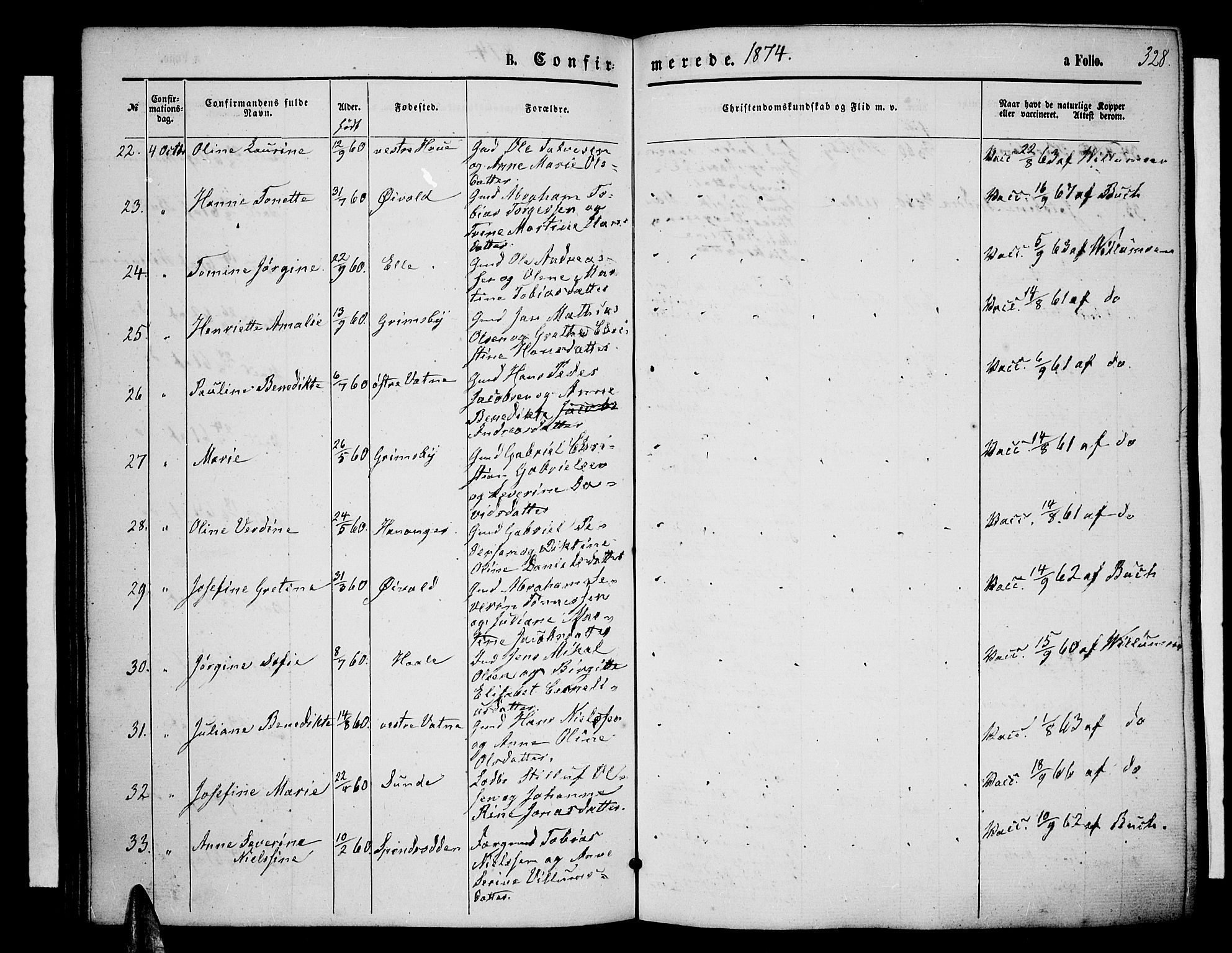 Lista sokneprestkontor, AV/SAK-1111-0027/F/Fb/L0003: Parish register (copy) no. B 3, 1862-1877, p. 328