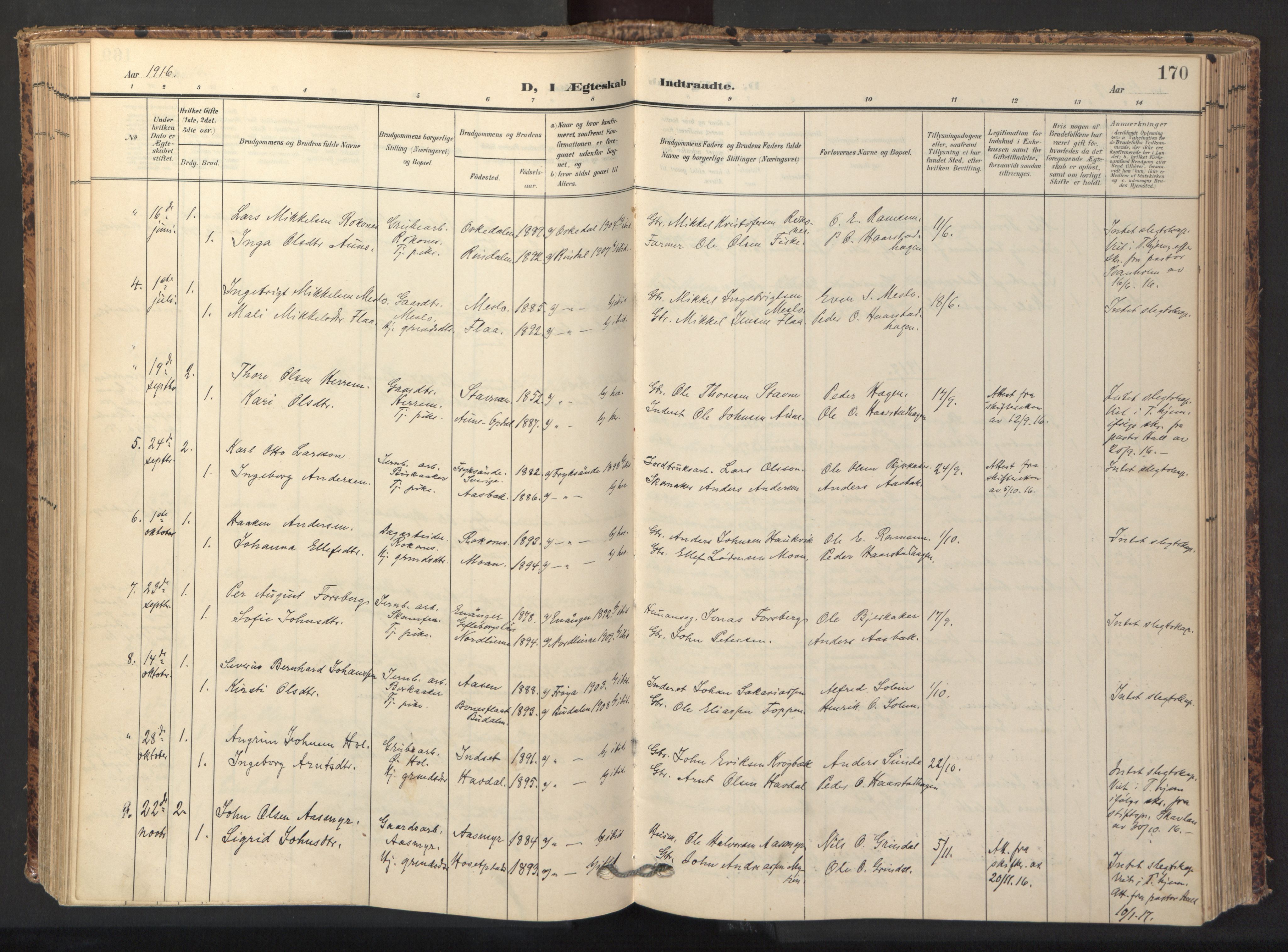 Ministerialprotokoller, klokkerbøker og fødselsregistre - Sør-Trøndelag, SAT/A-1456/674/L0873: Parish register (official) no. 674A05, 1908-1923, p. 170