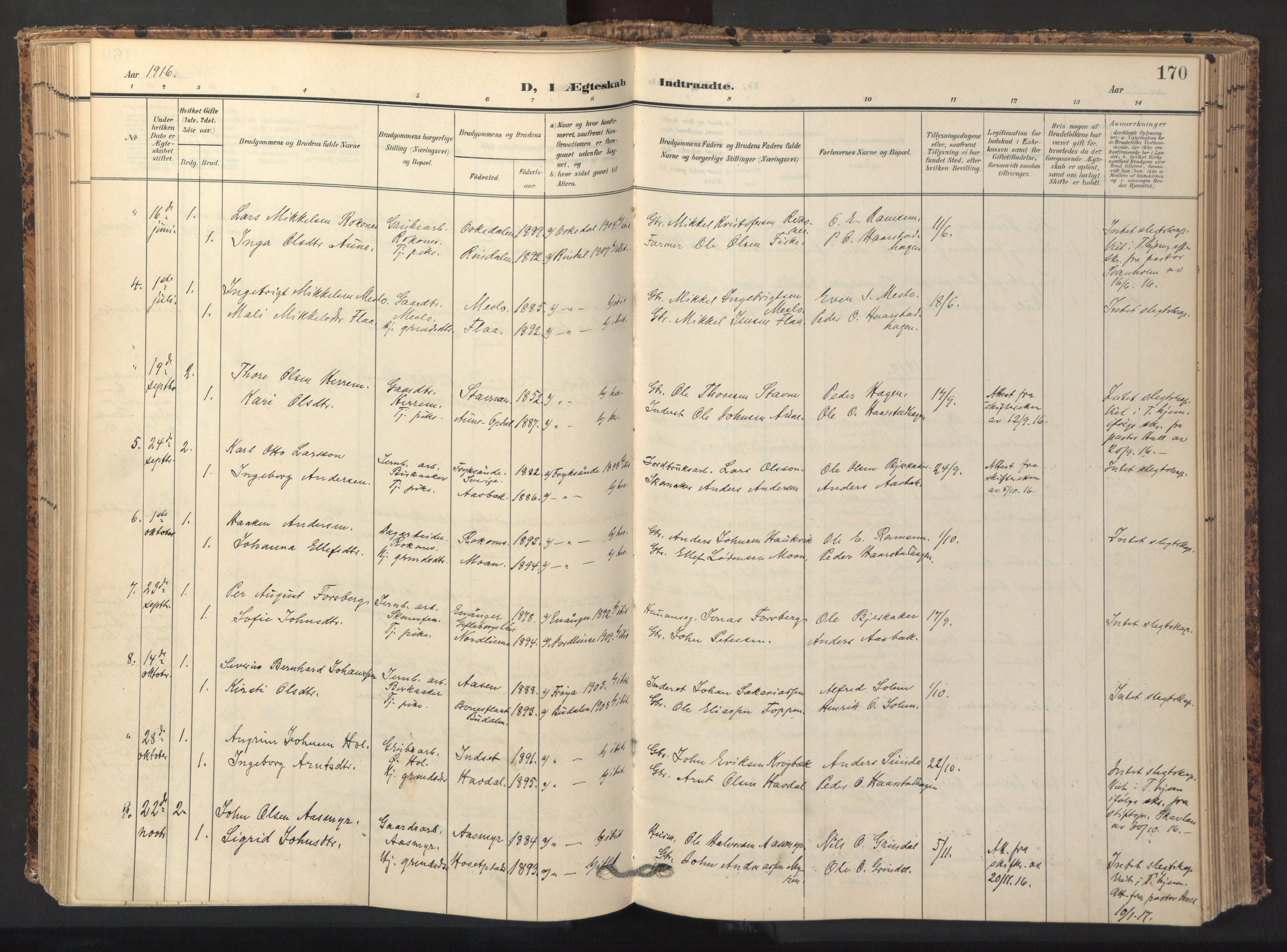 Ministerialprotokoller, klokkerbøker og fødselsregistre - Sør-Trøndelag, AV/SAT-A-1456/674/L0873: Parish register (official) no. 674A05, 1908-1923, p. 170