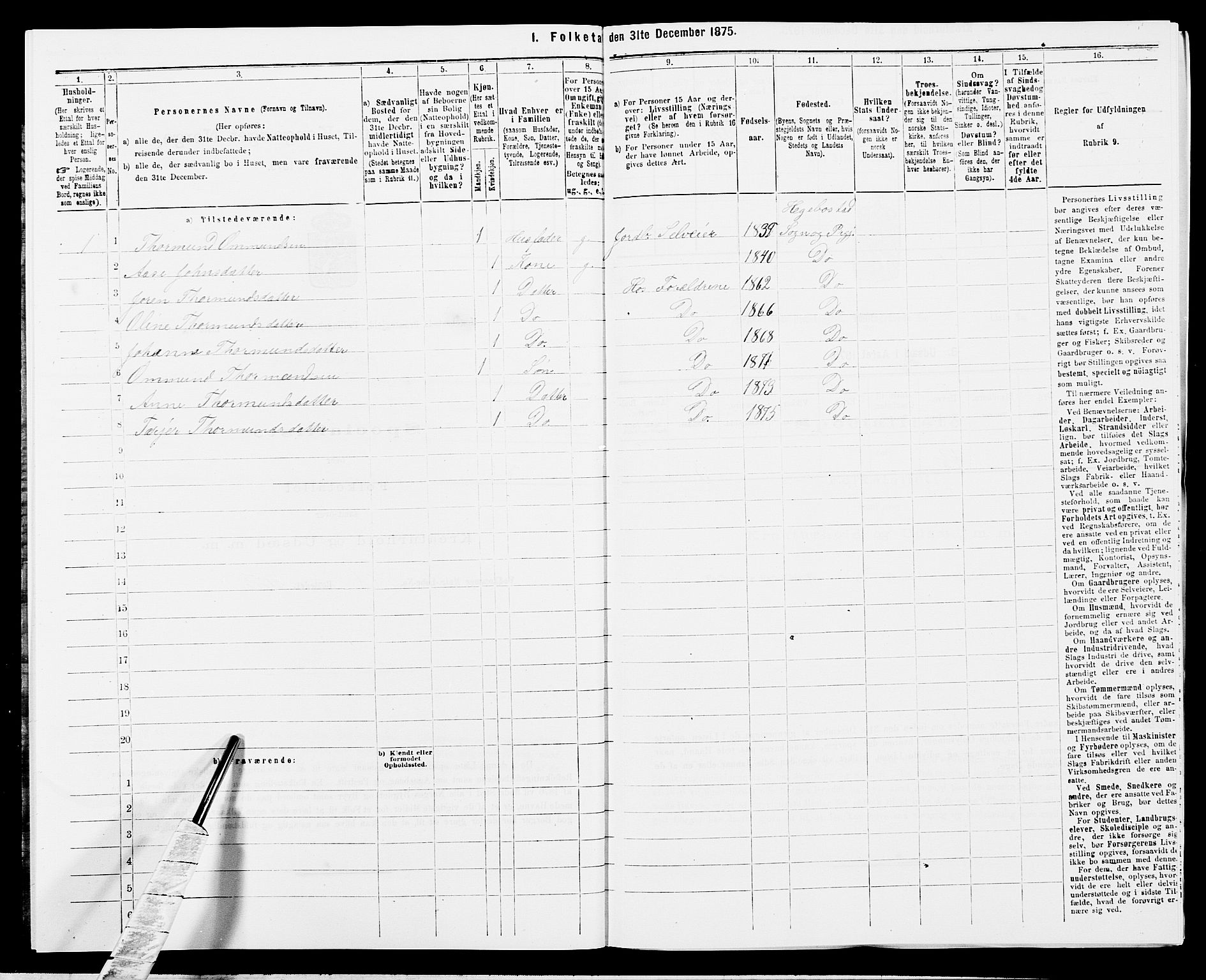 SAK, 1875 census for 1034P Hægebostad, 1875, p. 354