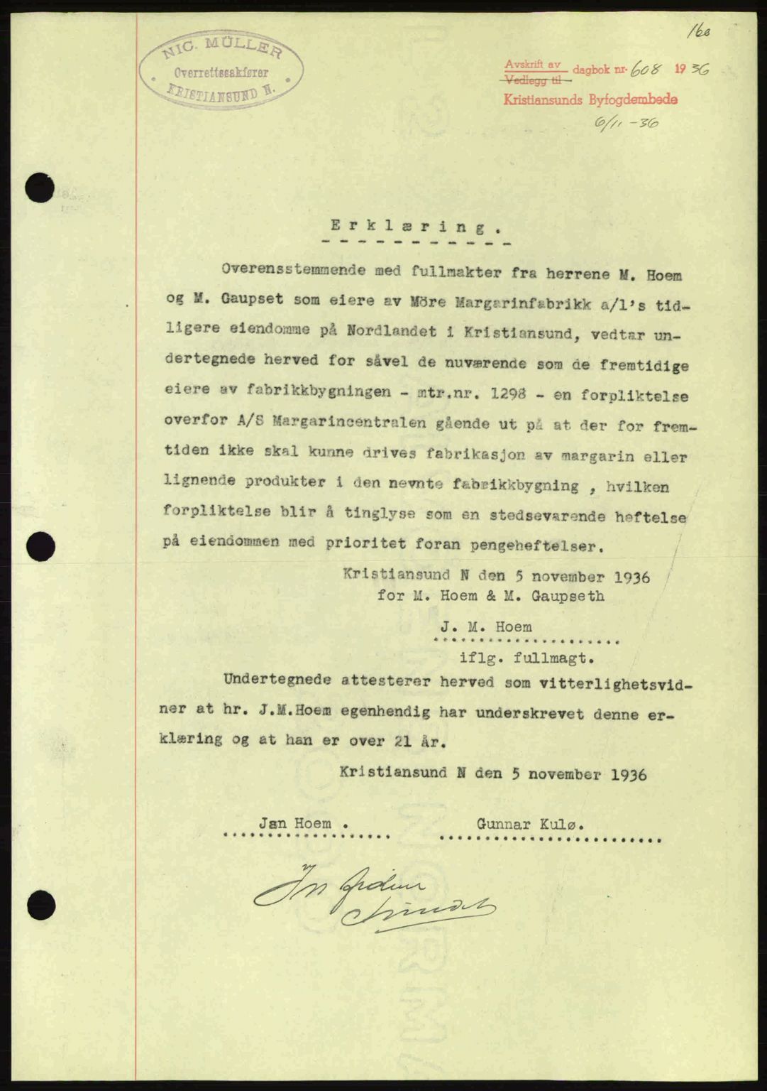 Kristiansund byfogd, AV/SAT-A-4587/A/27: Mortgage book no. 29, 1936-1937, Diary no: : 608/1936